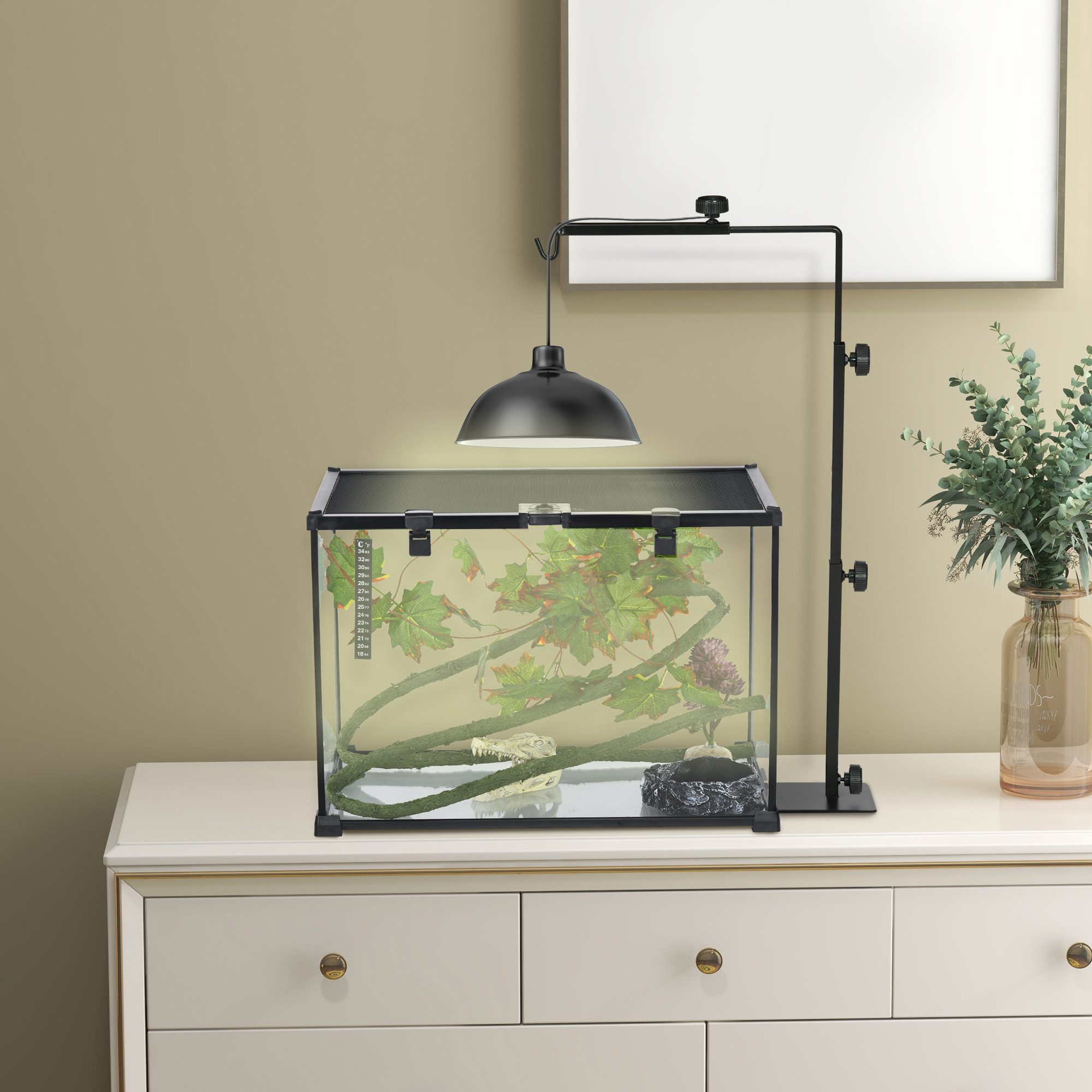 PawHut Terrarium Verstellbar Lampenhalter mit Sockel, Reptilien-Lampenständer, für Reptilien, Schwarz