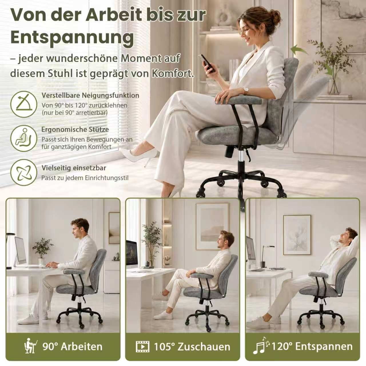 Hoolamyie Schreibtischstuhl, Bürostuhl, PU-Kunstleder mit Holzoptik, 360° drehbar (Drehstuhl – 360° drehbar, höhenverstellbar, Kunstleder,Einzelstuhl, höhenverstellbar, PU-Kunstleder)