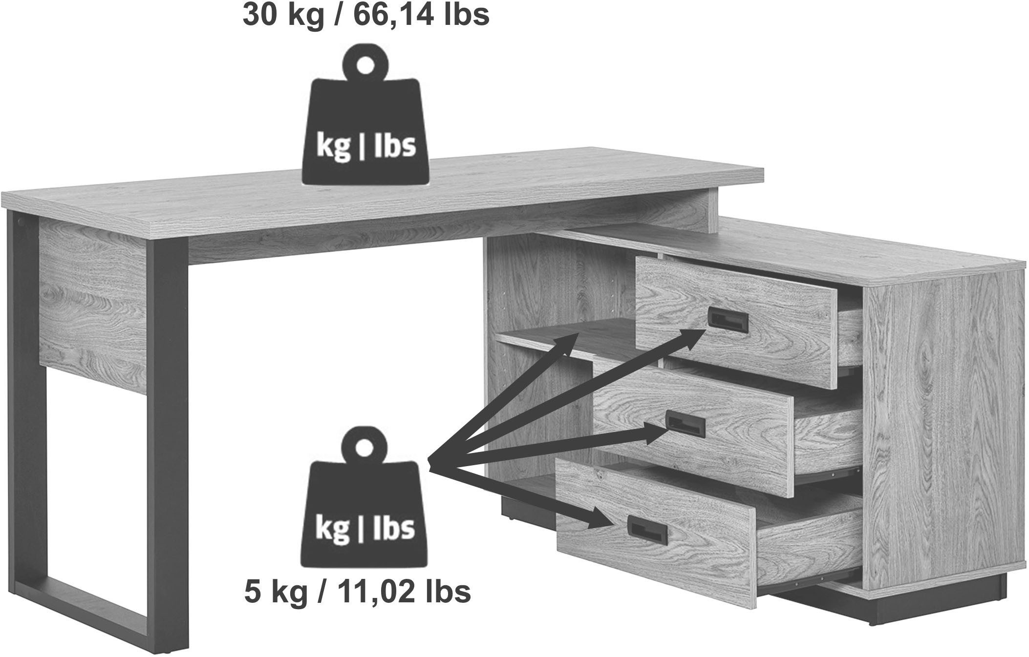 Jahnke Eckschreibtisch RIVA C 150 E (1-St), wechselseitig montierbar, Stauraum & Kabeldurchführung, Breite 150 cm