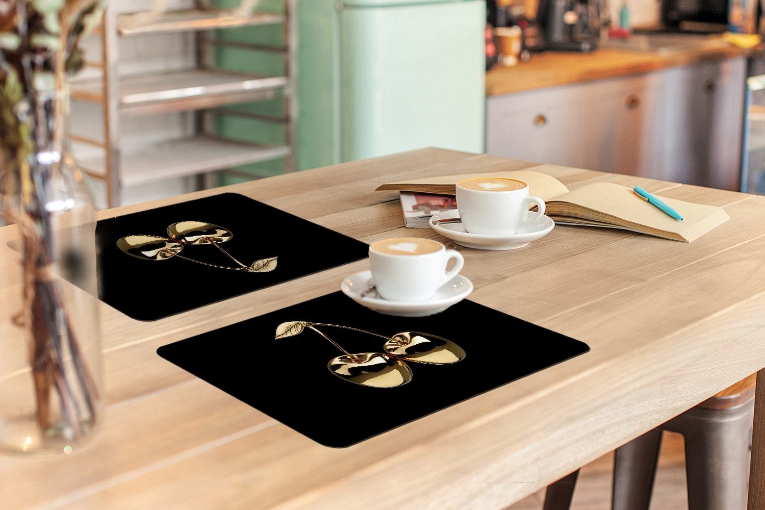 MuchoWow Platzset Kirsche - Schwarz - Gold - Chrom, (6-St), Platzsets, Tischset, Abwaschbar, Tischsets, Platzdeckchen