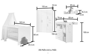 BMG Möbel Babyzimmer-Komplettset Lea, (Set, 4-St., Bett, Wickelkommode, Schrank, Wandboard), Bett + Wickelkommode + 4-trg. Schrank + Wandboard