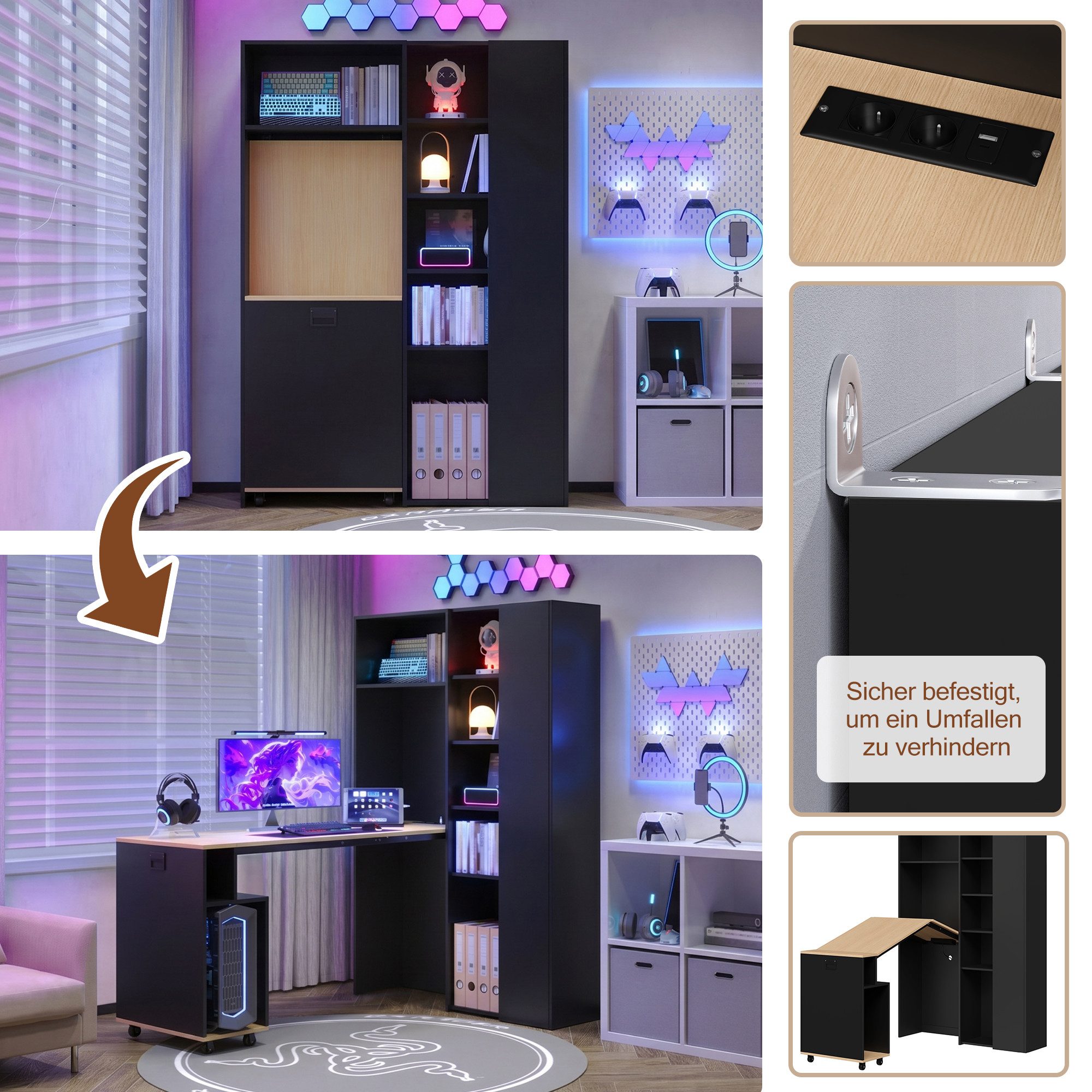 Celya Schreibtisch Klappbarer Schreibtisch mit Ablagen, Kippschutz (höhenverstellbare Ablagen, Eck-Schreibtisch), 2-in-1-Bücherregal und Schreibtisch – Bild 3 von 5