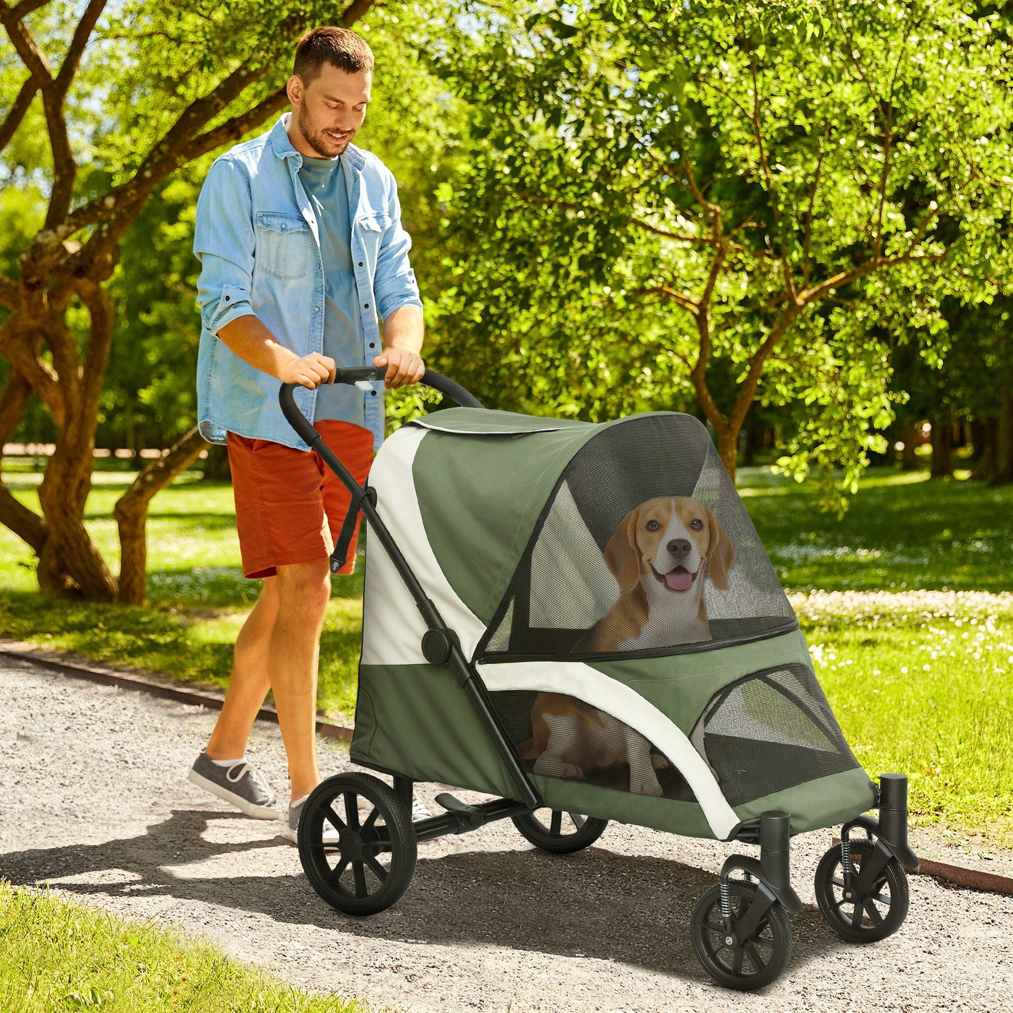 PawHut Hundebuggy Hundewagen klappbar mit Kissen Buggy, (Katzenwagen, 1-tlg), für mittelgroße Hunde & Katzen bis 25 kg, Dunkelgrün