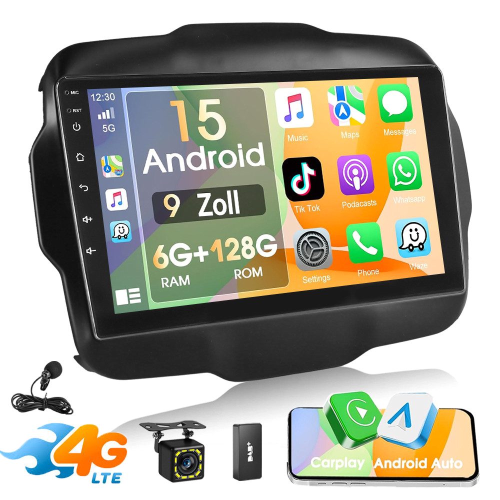 ESSGOO Für Jeep Renegade 2014-24 Android 15 6+128G Carplay Autoradio GPS Navi Autoradio (DAB (optional), DAB+ (optional), 4G LTE, 6GB+128GB, RDS, AM, FM, Carplay Android Auto Bluetooth EQ USB GPS Navi WIFI Touchscreen)