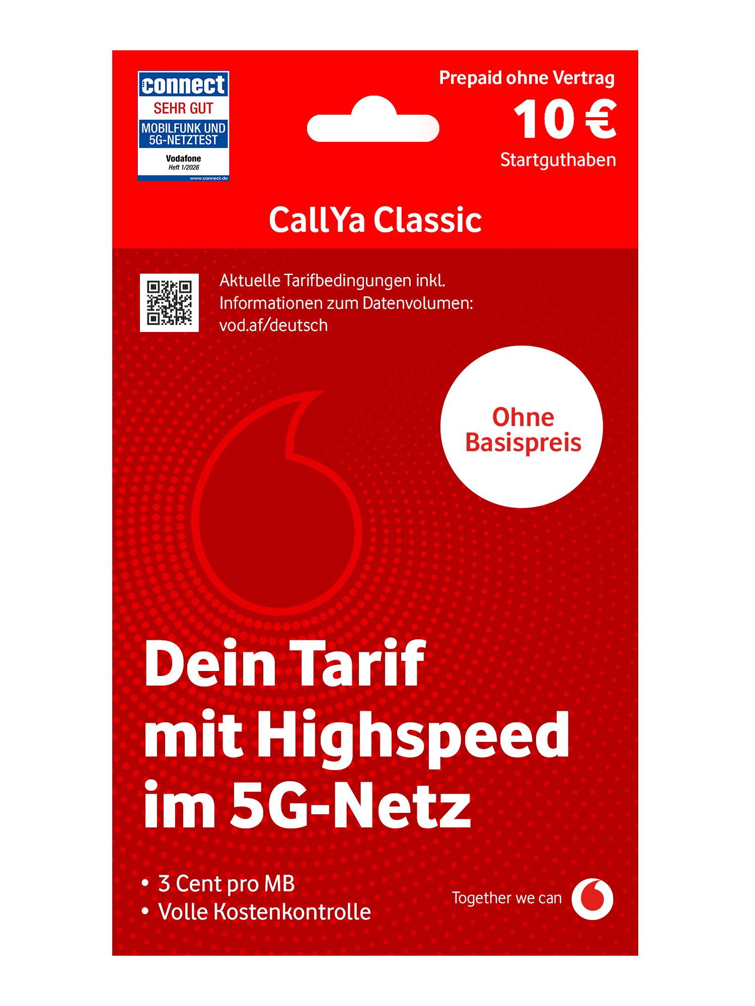Vodafone CallYa Classic Prepaidkarte, (10 EUR Startguthaben I ohne Vertrag, 5G-Netz, 9 Ct. pro Min/SMS)