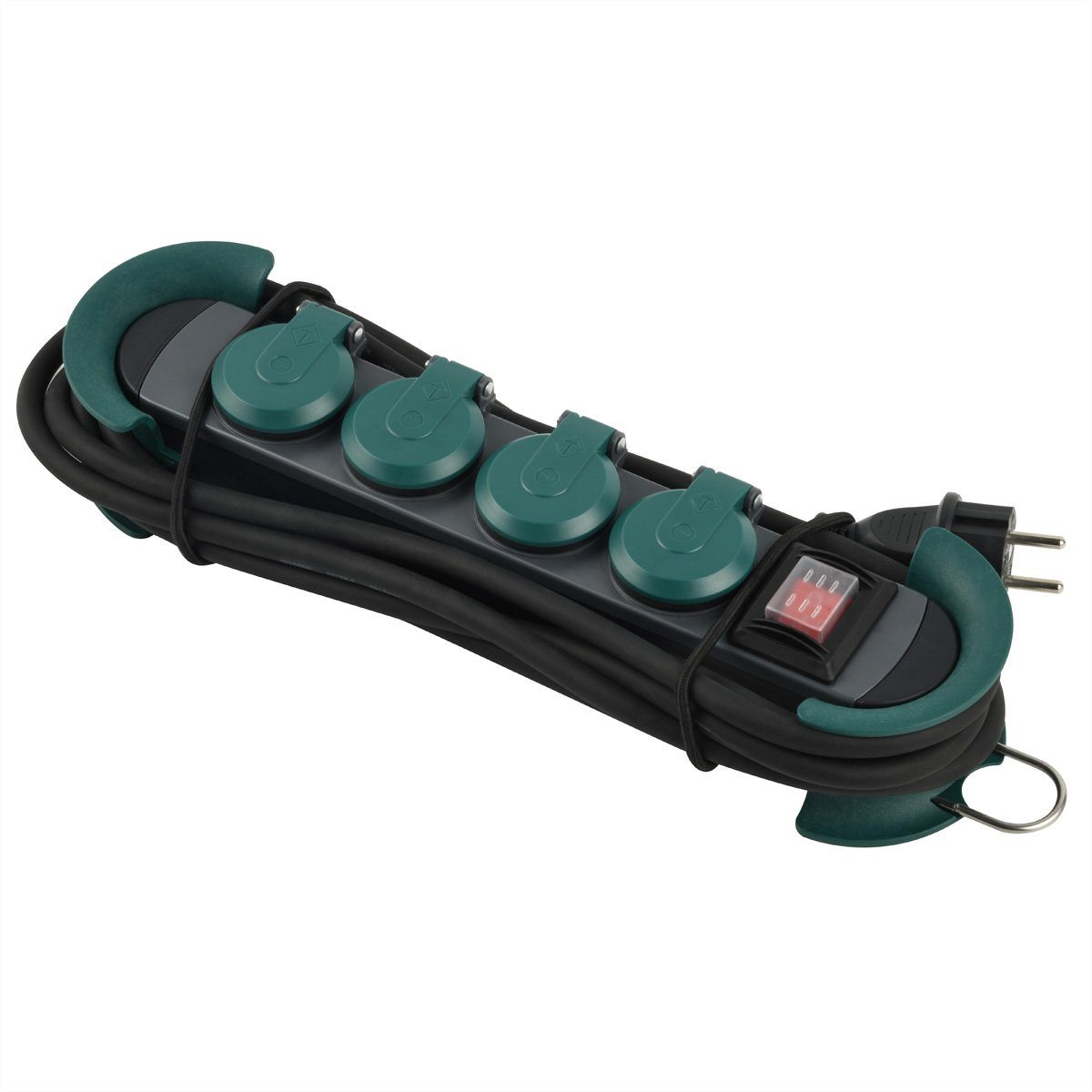 Bachmann HOOK Outdoor 4x Schutzkontakt Steckdosenleiste (Kabellänge 4 m), Kunststoff, mit Schalter und Klappdeckeln, IP44, 500.200