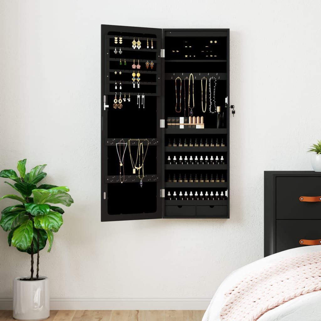 furnicato Spiegelschrank Spiegel-Schmuckschrank mit LED 37,5 x 10 x 106 cm Schwarz (1-St) Abschließbarer Schmuck-Organizer mit LED-Licht und Wandmontage