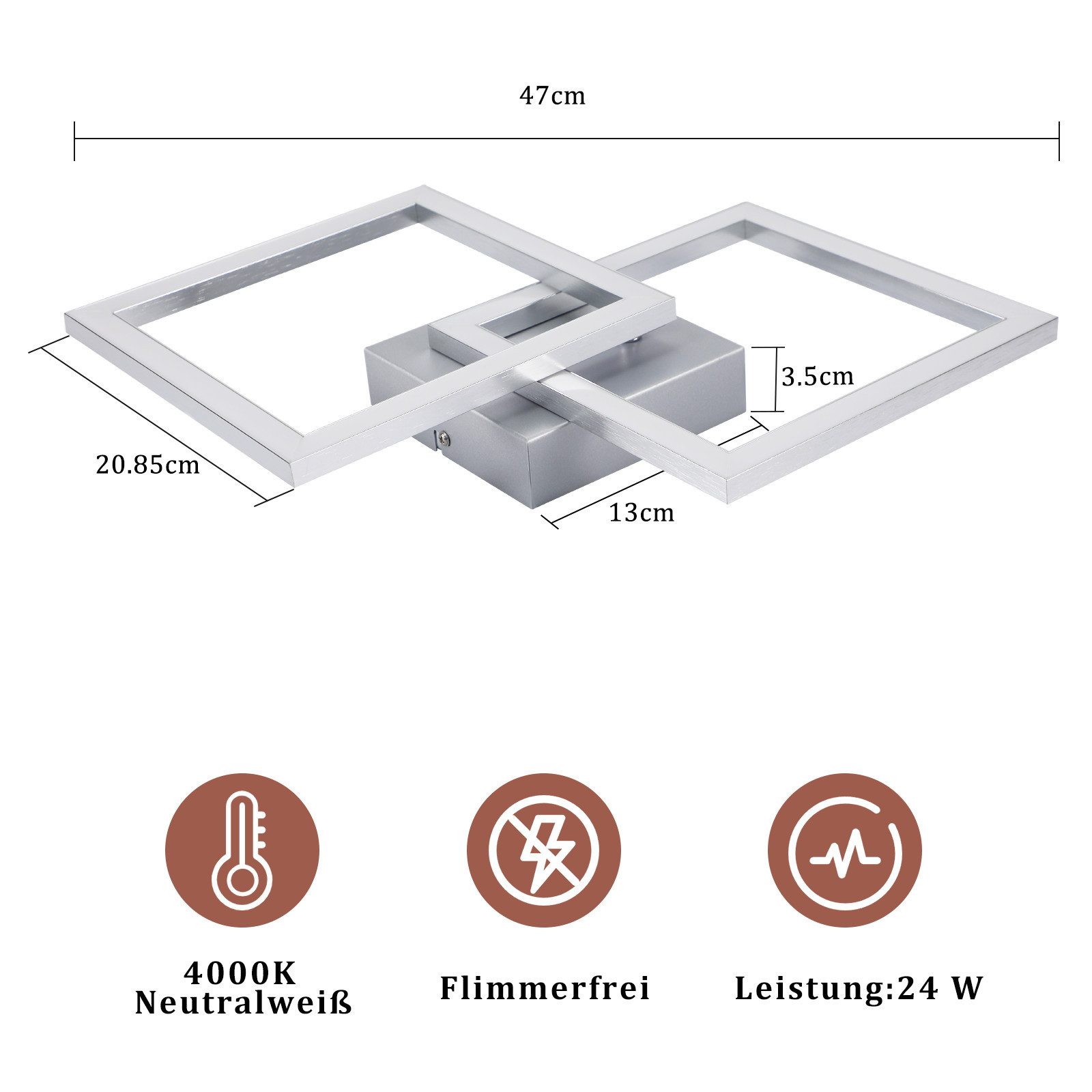 Nettlife LED Deckenleuchte Eckig Silber Modern Schlafzimmer 24W Metall 3000K Warmweiß Flur, LED fest integriert, Deckebeleuchtung für Schlafzimmer Wohnzimmer Esszimmer Küche
