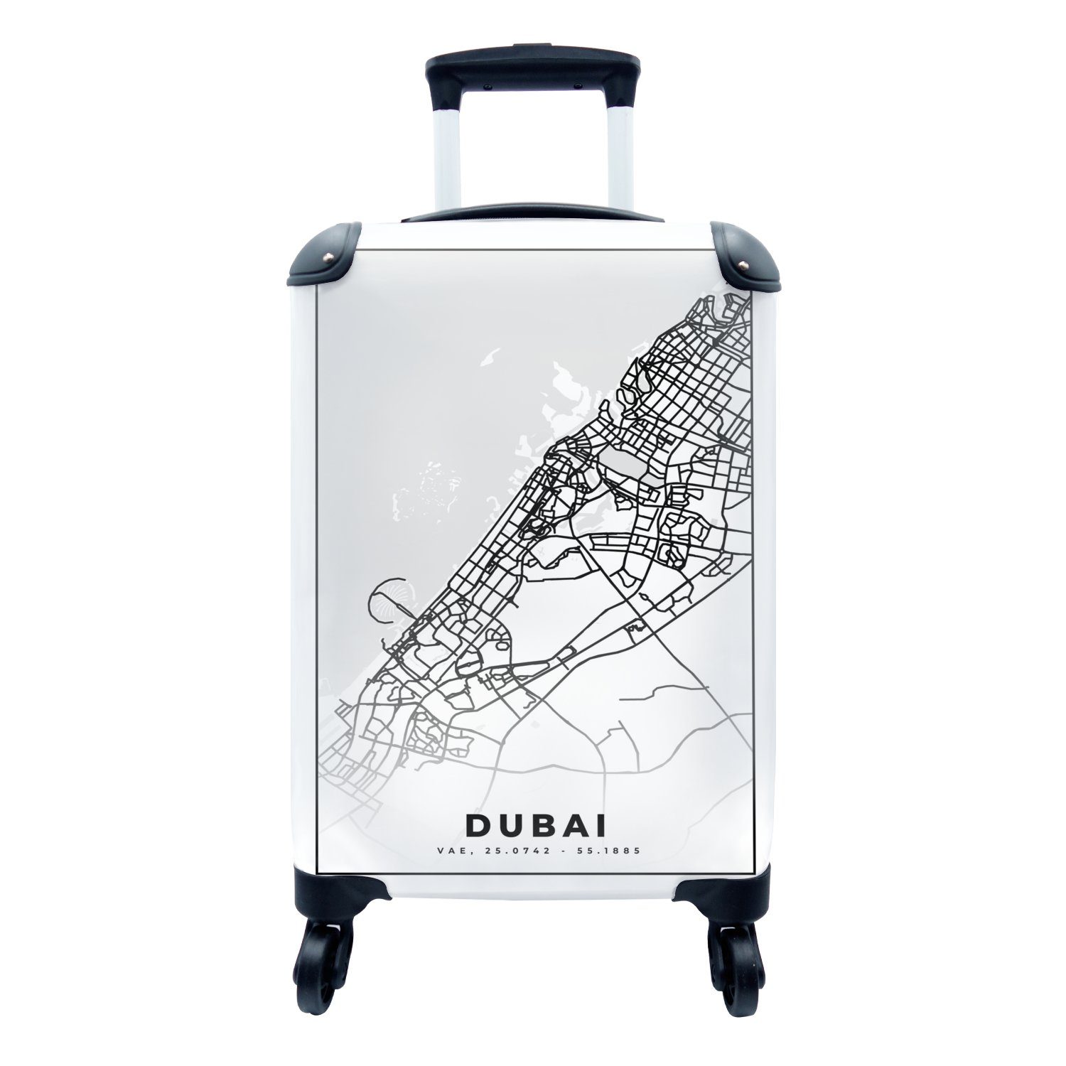 MuchoWow Handgepäckkoffer Dubai - Karte - Stadtplan - Schwarz und weiß, 4 Rollen, Reisetasche mit rollen, Handgepäck für Ferien, Trolley, Reisekoffer