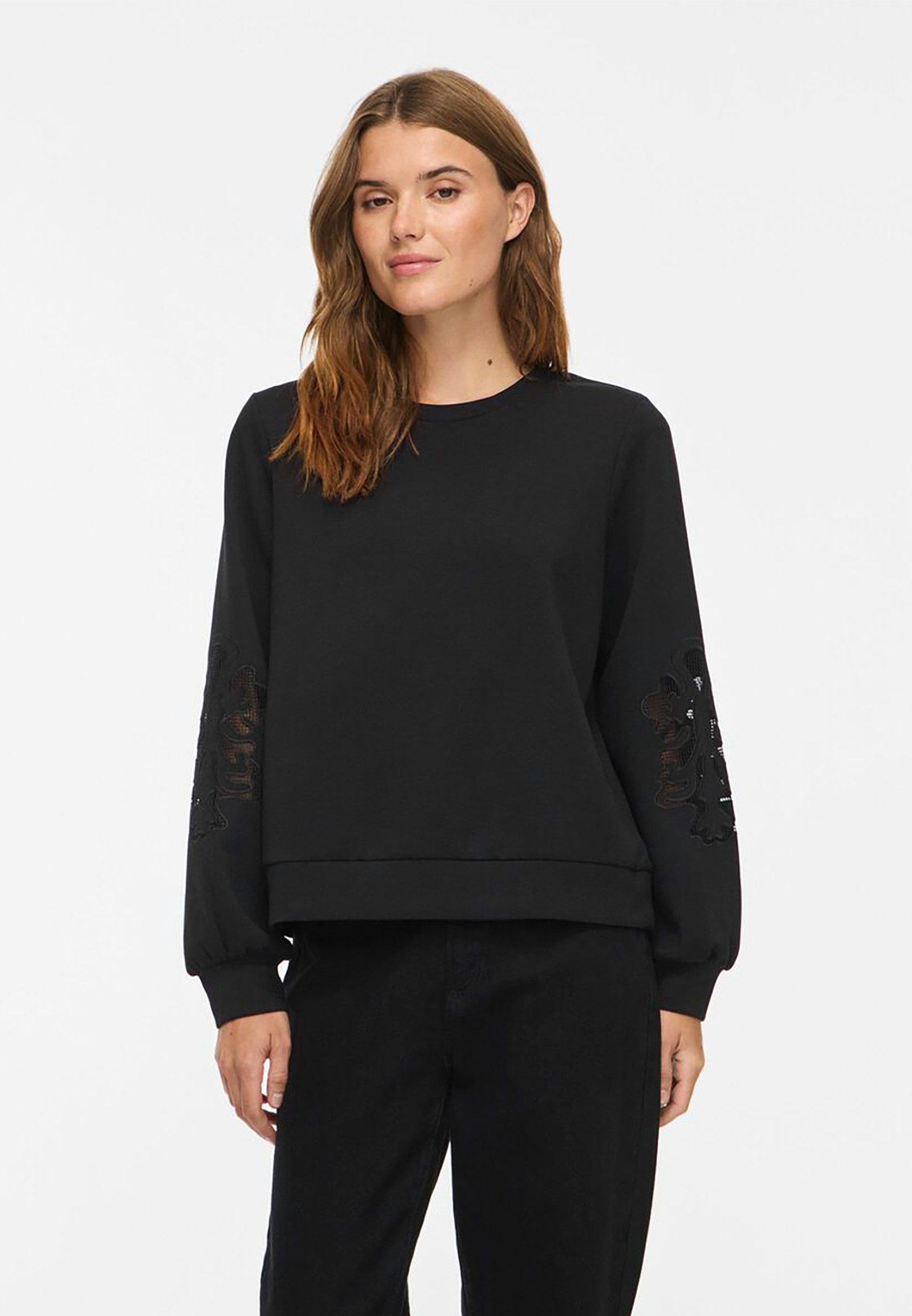 Vila Longpullover Rundhals Spitzendetails Ärmelbündchen für Damen (1-tlg) Recyceltes Material, Ärmelraffung, Angesetzter Saumbund