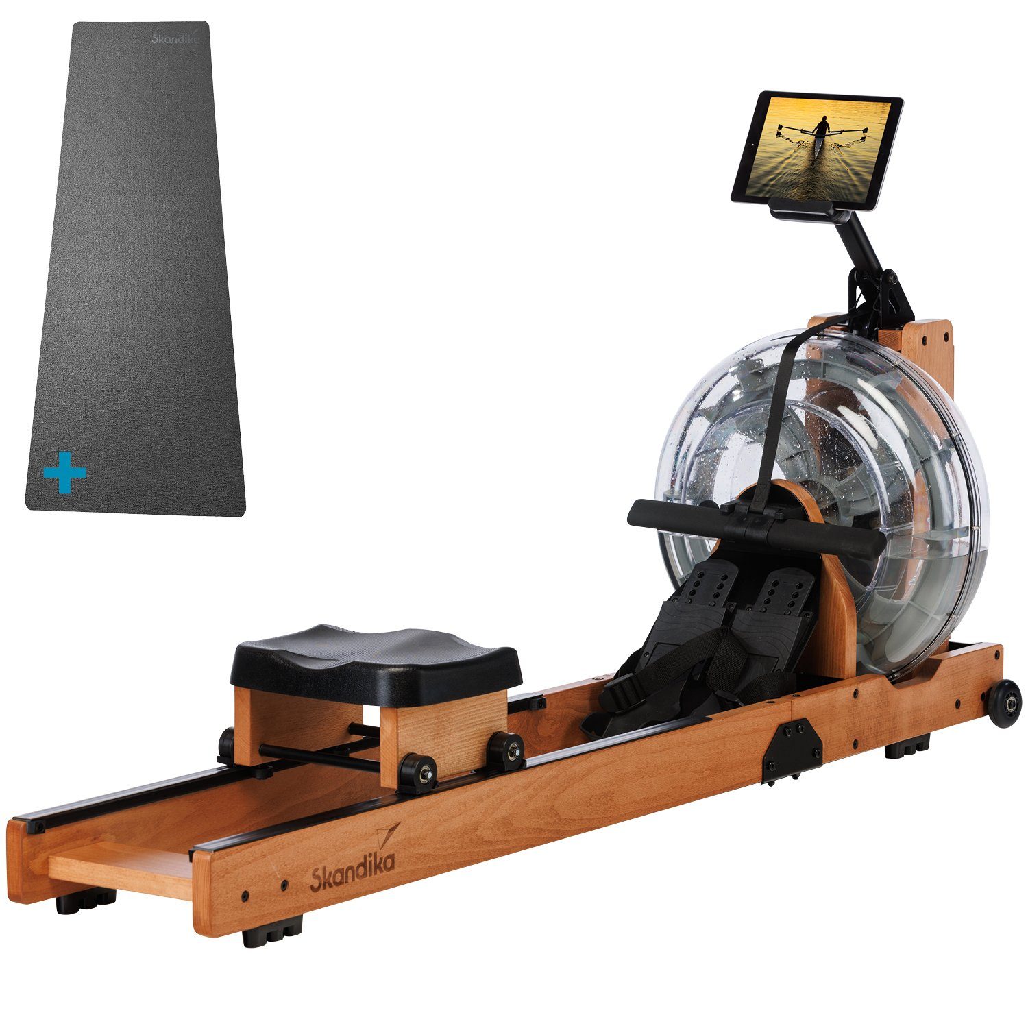 Skandika Rudergerät Lykke mit Matte, Wasserrudergerät für Zuhause, aus Holz, bis 150 kg (mit Bodenschutzmatte), Kinomap kompatibel, massives Buchenholz, Bluetooth, Tablethalterung