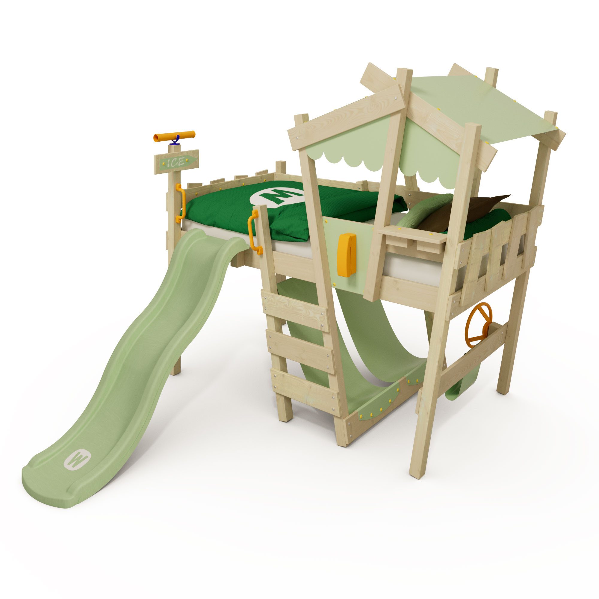 Wickey Kinderbett CrAzY Snuggy Massivholz-Hochbett mit Leiter, Lenker & Rutsche (opt) (Spielbett mit optionaler 175 cm Rutsche für maximalen Spielspaß, Abenteuer-Etagenbett mit Zubehör – auf Wunsch mit Rutsche), Massivholz-Konstruktion für Sicherheit und
