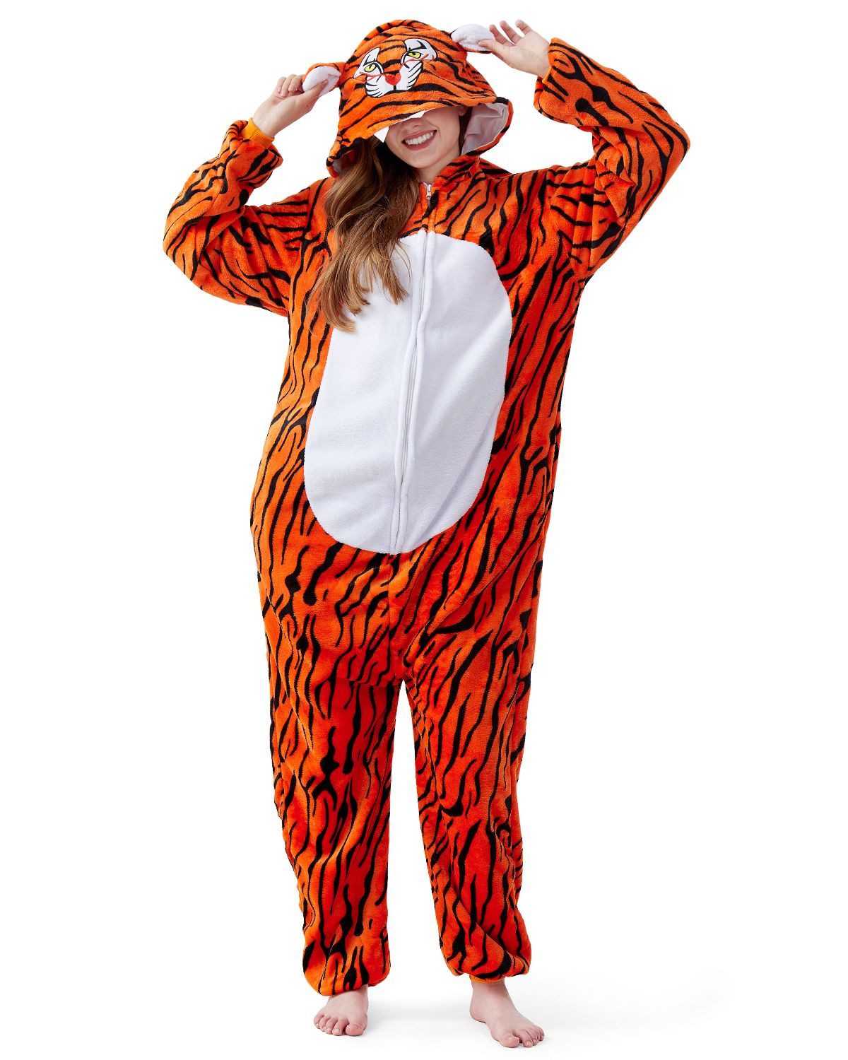 Corimori Partyanzug Onesie Ganzkörper Kostüm für Erwachsene, Tiger-Kostüm Damen Karneval Tier-Kostüme Tiger Streifen Raubkatze,L