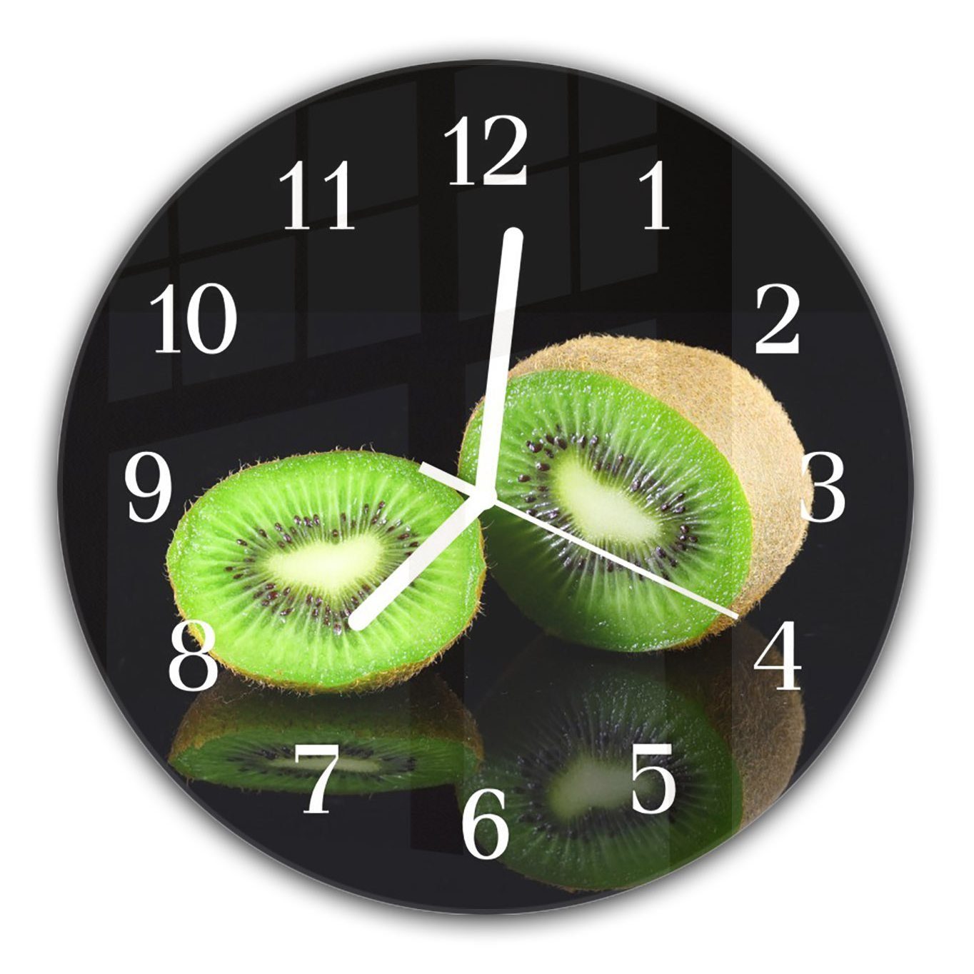 Primedeco Wanduhr Wanduhr aus Glas mit Motiv Kiwi gespiegelt - Rund mit Durchmesser 30 cm und Quarzuhrwerk