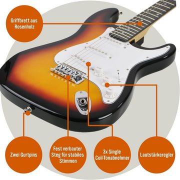 3rd Avenue E-Gitarre XF 4/4 E-Gitarrenset in Normalgröße, Luxus-Set, 6-St., mit 10 W Verstärker, Kabel, Ständer Gigbag Gurt, Ersatzsaiten Plektren