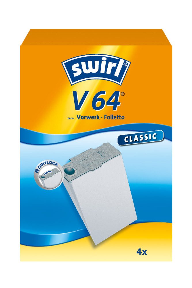 Swirl Staubsaugerbeutel Swirl V64 V 64, passend für Vorwerk Folletto Staubsauger, staubfreie Entsorgung dank Dirtlock Verschluss, 4 St., Optimale Passform, Leistung und Form exakt abgestimmt