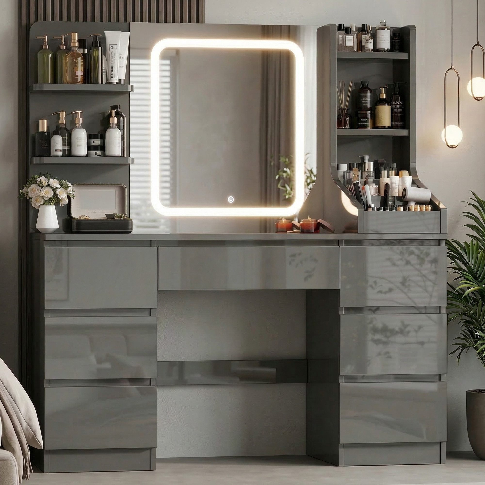 HOMALL Schminktisch Eingebaute LED-Beleuchtung, einstellbare Helligkeit, mit 7 Schubladen (Maße: 110 × 40 × 139 cm, mit verstellbarer LED-Spiegelbeleuchtung, drei wählbare Farbtöne + stufenlose Dimmung, 8 offene Ablagefächer + 7 Schubladen (Schubladenhöhe
