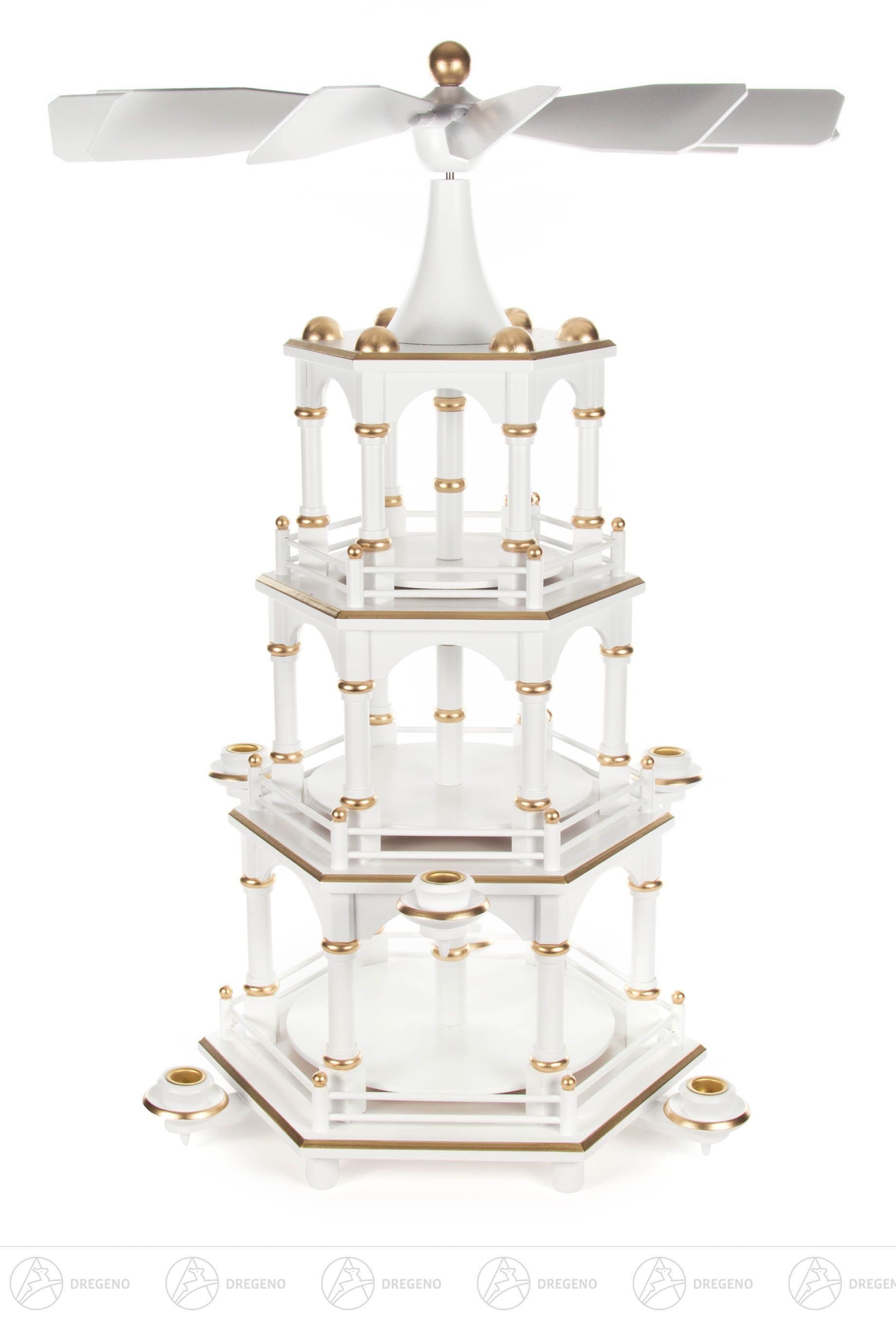 Dregeno Erzgebirge Weihnachtspyramide Pyramide unbestückt weiß, 3-stöckig, für Kerzen d=14mm Breite x Höhe