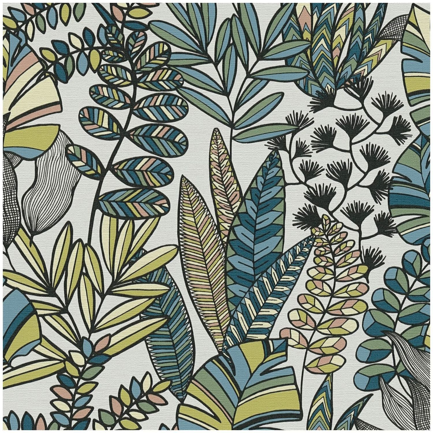 Profhome Vliestapete 390951-GU Retro Tapete Floral matt weiß schwarz oliv-grün, geprägt, (1 Rolle, 5,33 qm), heißgeprägte Vliestapete, grün