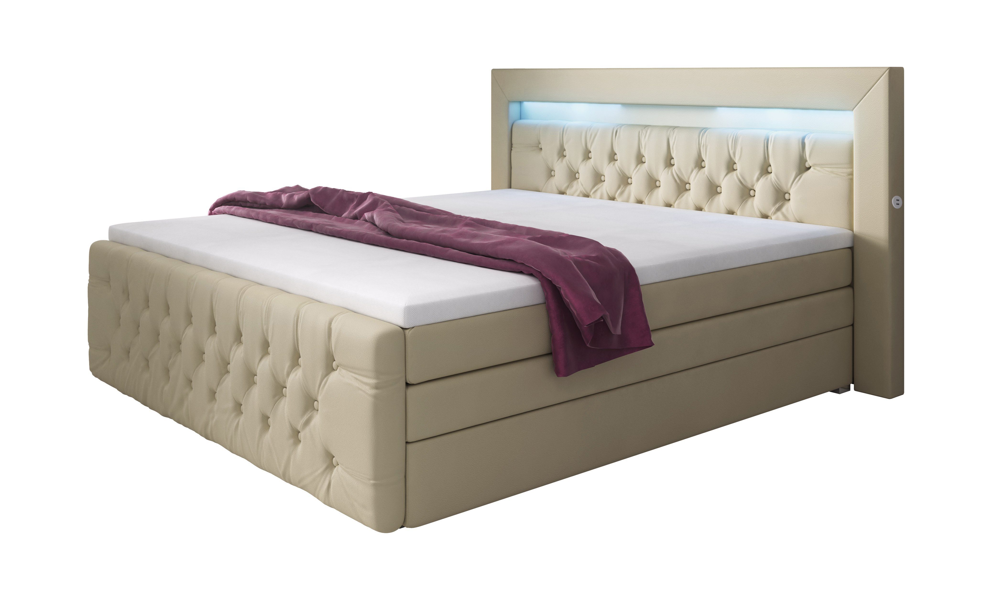 Baidani Boxspringbett Sonno, mit Stauraum, LED und USB - Anschluss, inkl. Topper und Matratze