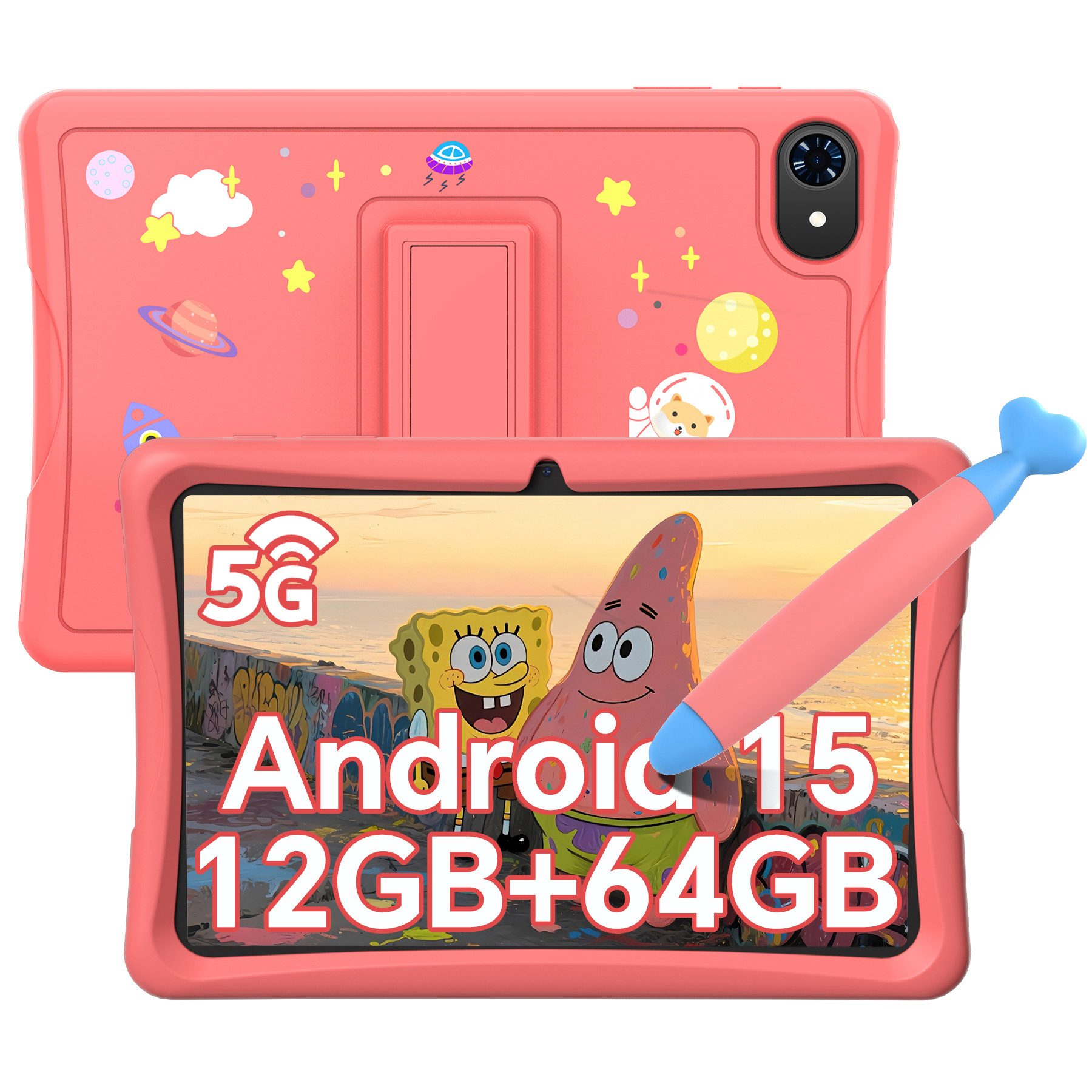 TABWEE 10" kinder tablet Android15 mit Hülle, Stift Tablet (10.1", 64 GB, Android15, Google Kids Space, 5G wifi, Android 15, Gemini AI, mit Stift)