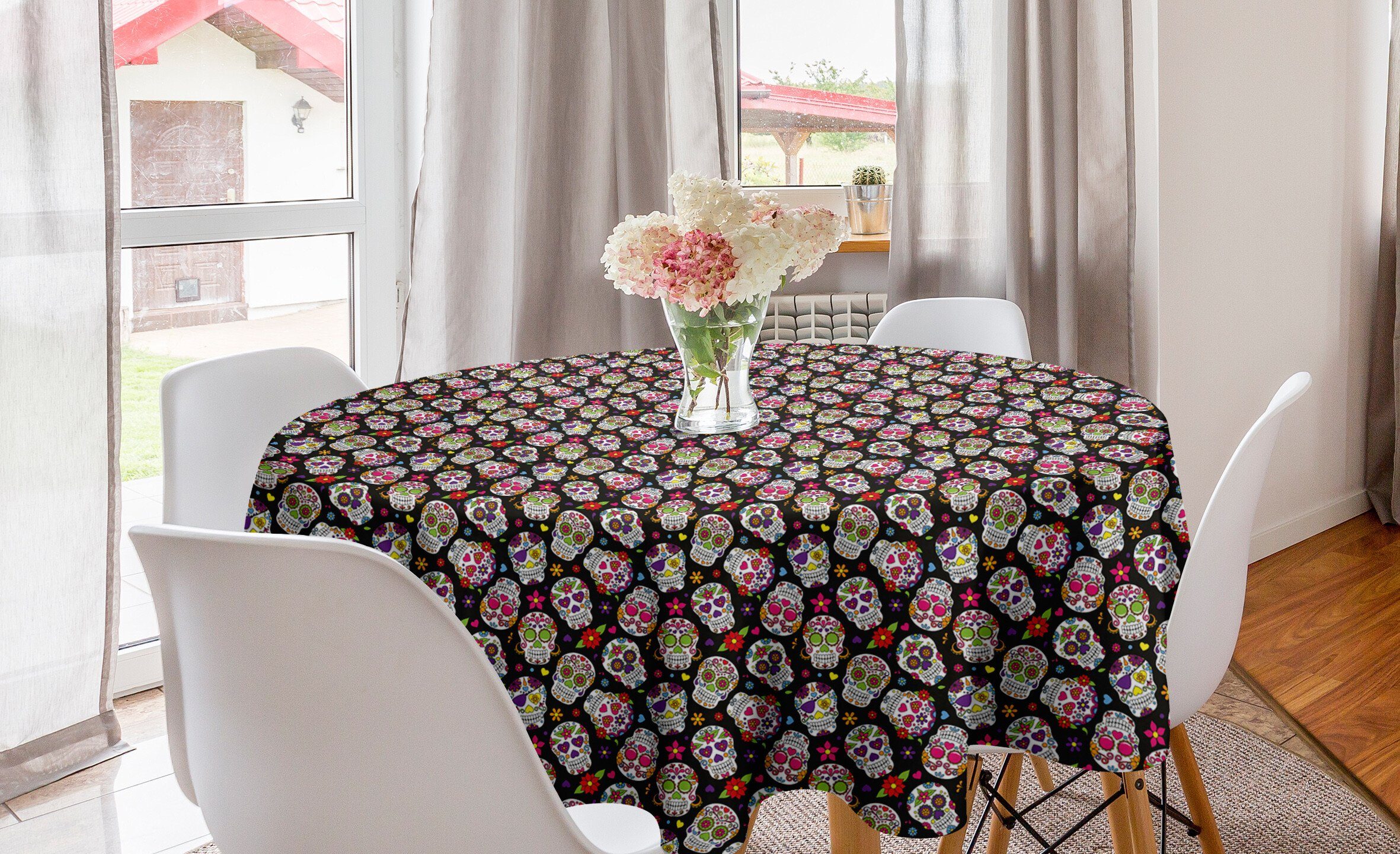 Abakuhaus Tischdecke Kreis Tischdecke Abdeckung für Esszimmer Küche Dekoration, Zuckerschädel Mexiko Themed Entwurf | Tischdecken