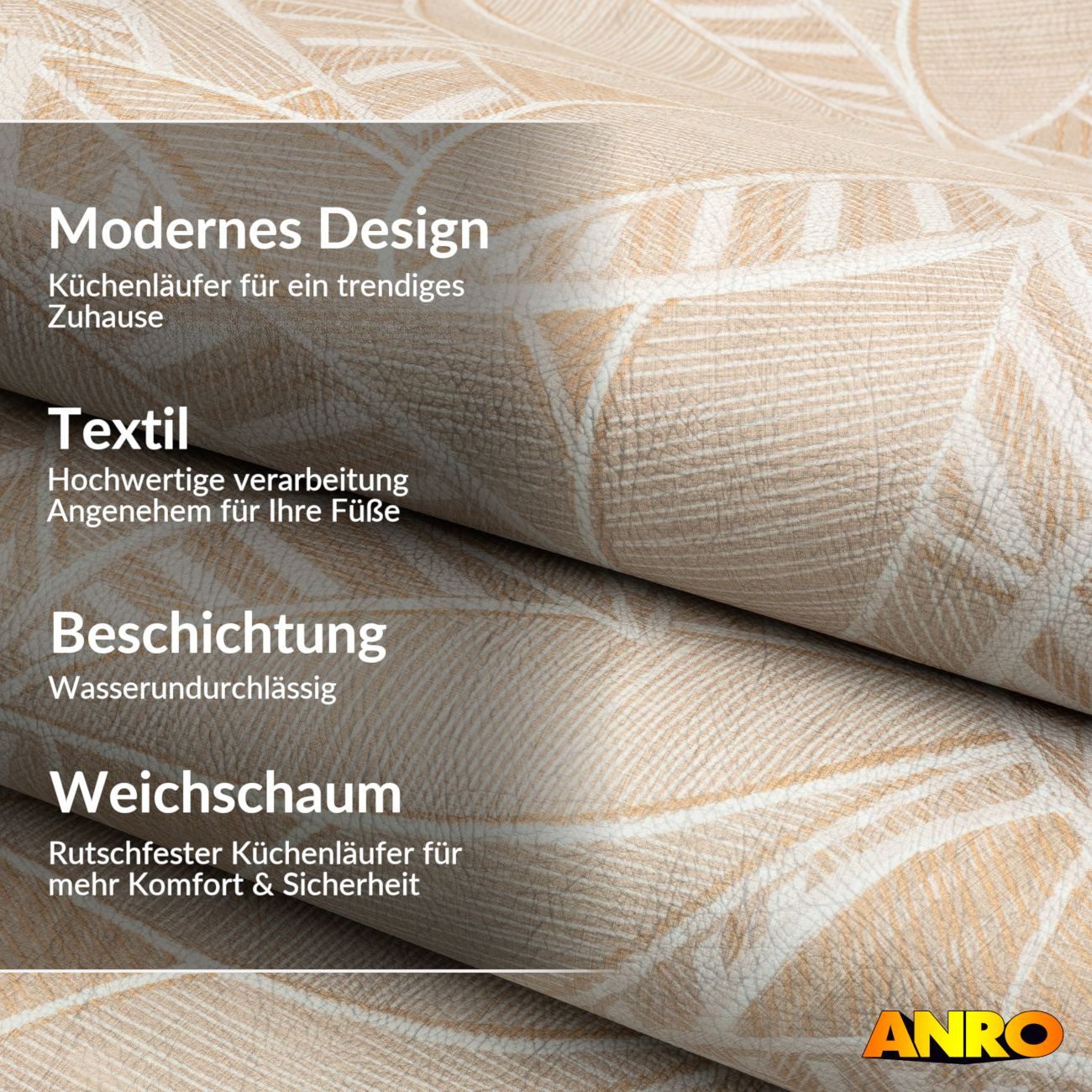 ANRO Küchenläufer abwaschbar Blätter LADY Läufer stark pflegeleicht Küchenteppich, Rechteckig, Höhe: 3 mm, robust schmutzabweisend 67x100cm Botanical Beige robu – Bild 2 von 5