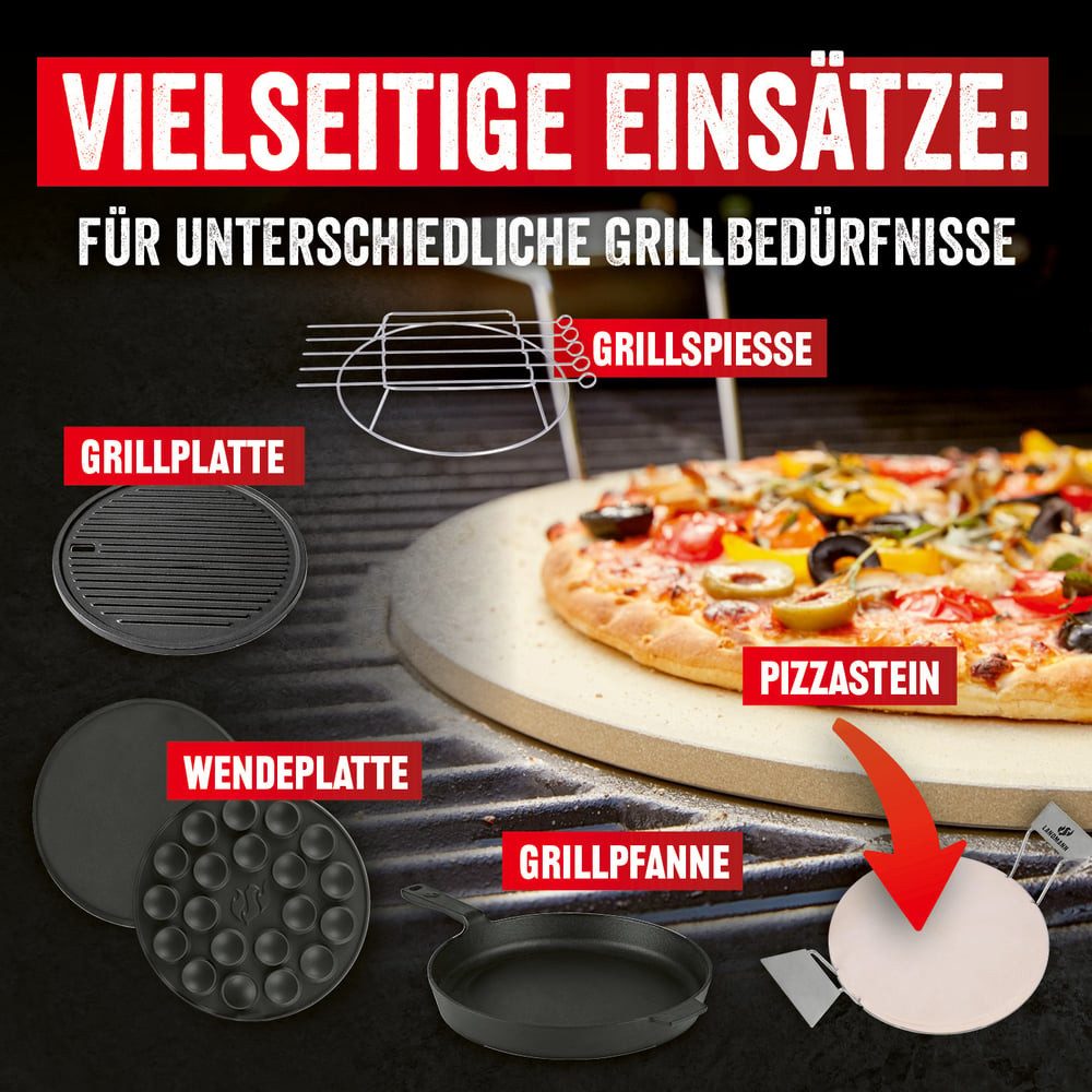 LANDMANN Grillplatte Modulus Triton 2.1 Gusseisen Pizzastein (3-St), Grillplatte, WOK, Pizzastein, Grillspieße