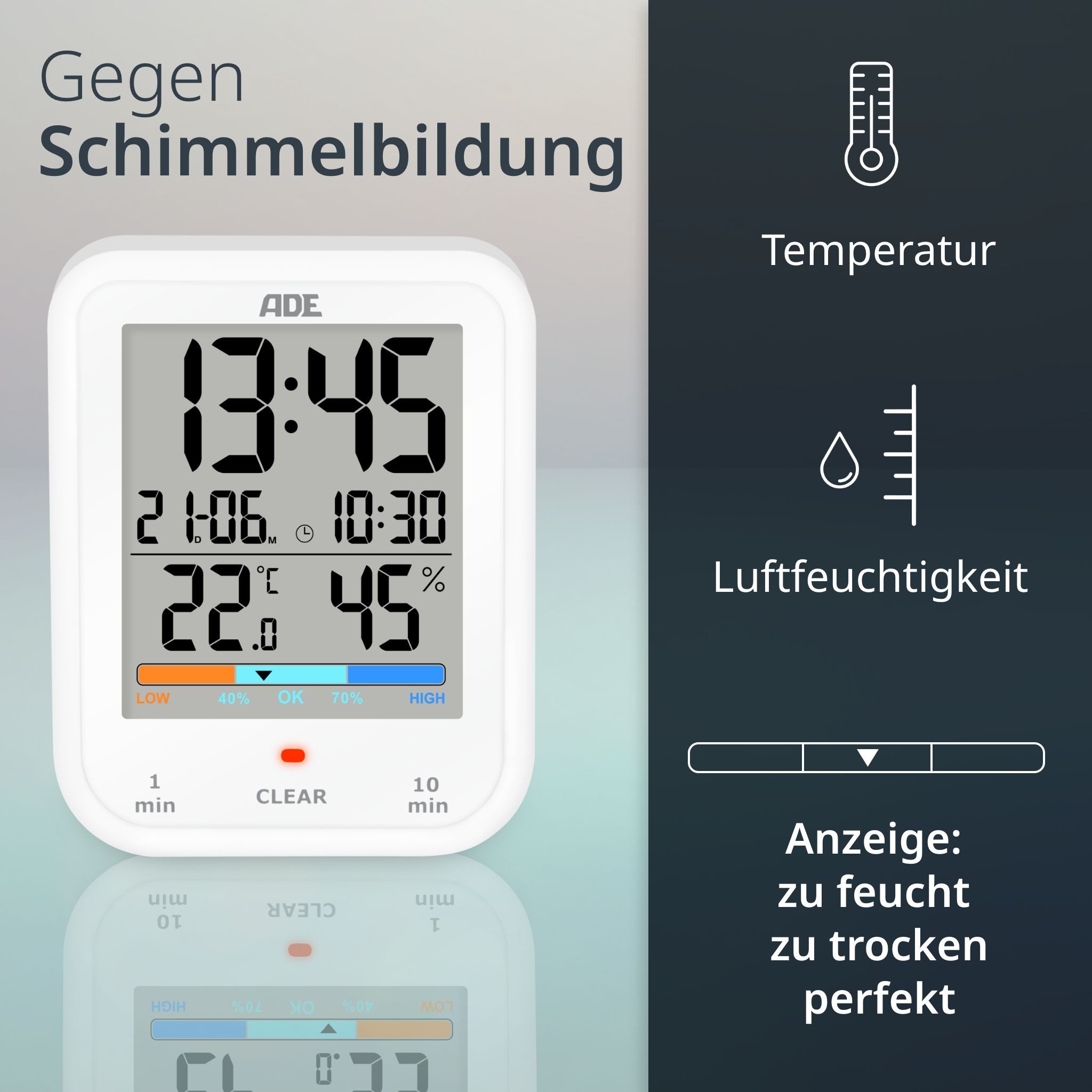 ADE Badezimmeruhr Duschuhr, IP65 wasserdicht, mit Duschtimer, Thermometer & Hygrometer (Baduhr mit Countdown, Uhrzeit & Datum, inkl. AAA Batterien)