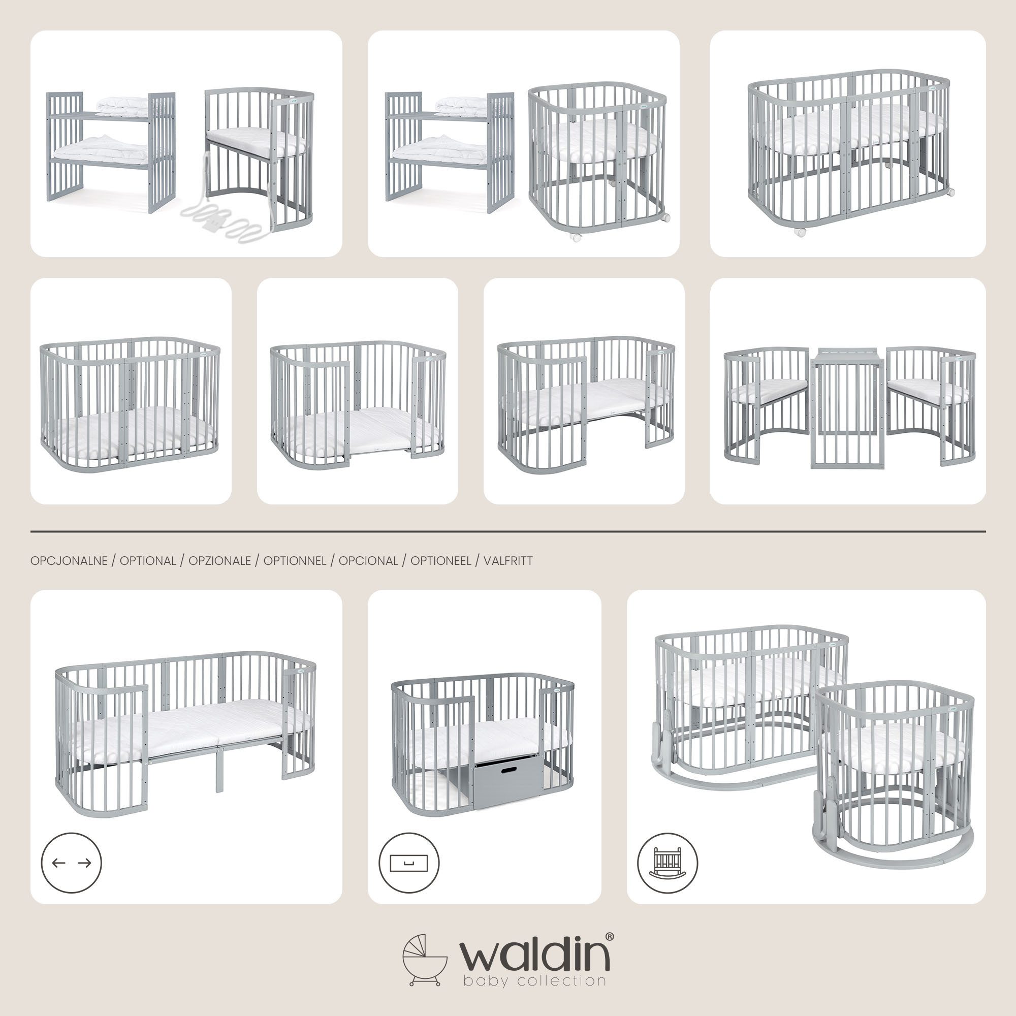 Waldin Babybett Mobiles Babybett aus Holz 7in1 mit Matratze, mitwachsend