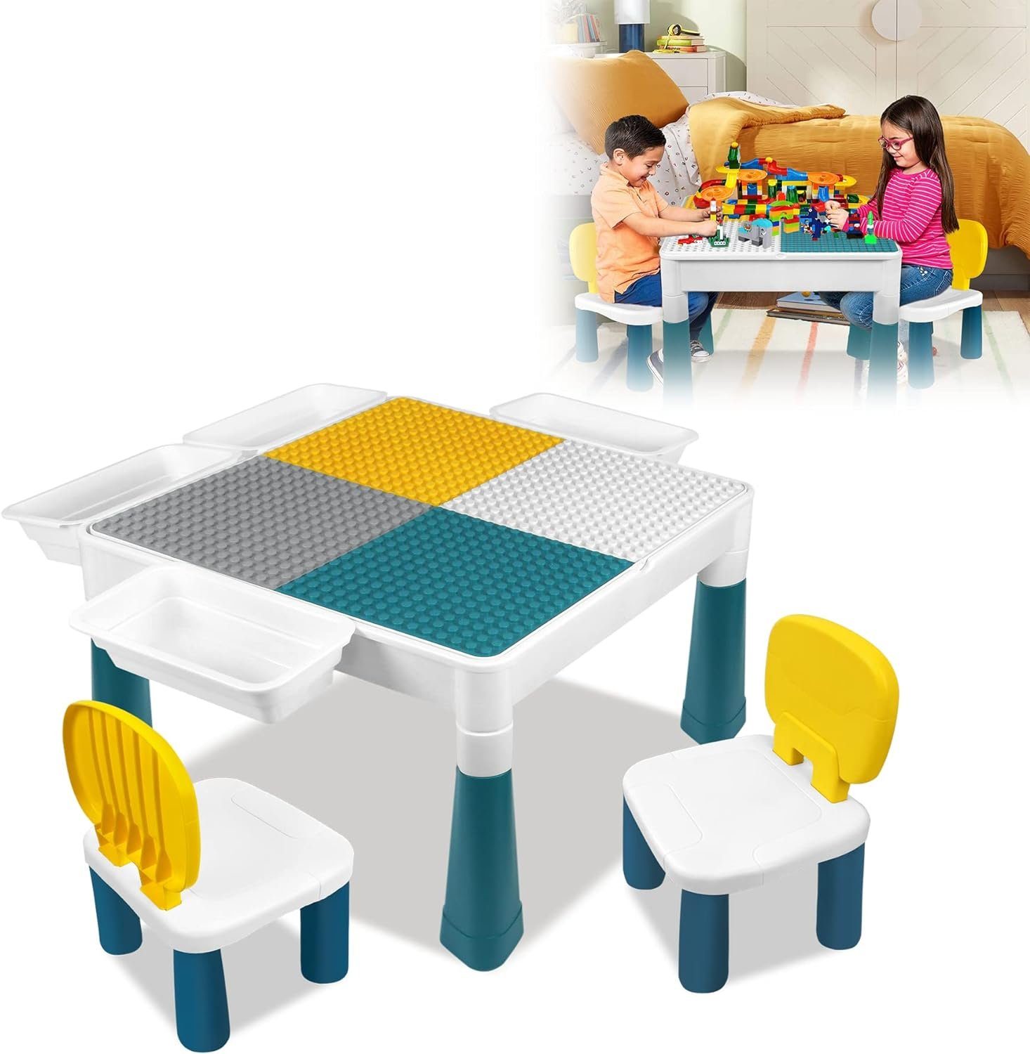 UISEBRT Kindertisch Multifunktionaler Aktivitätstisch Set mit 2 Stühl & 163pcs Bausteine, Kinder Spieltisch Basteltisch für Kinderzimmer