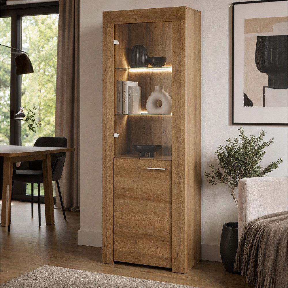 Lomadox Vitrine STEGNA-160 Eiche Nb., 70 cm breit, 1 Tür, 1 Glastür, mit Beleuchtung