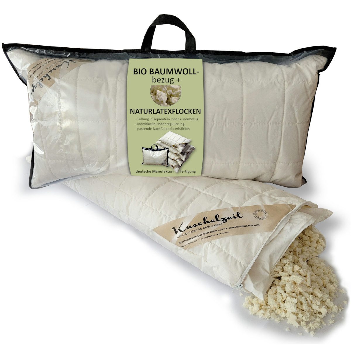 Meivita Kopfkissen Kissen mit Naturlatexflocken und kbA Baumwollbezug, Füllung: 100% Latex (Naturlatexflocken), Bezug: 100% Baumwolle aus kontrolliert biologischem Anbau, Seitenschläfer, Rückenschläfer, Bauchschläfer, Kissen Hergestellt in Deutschland