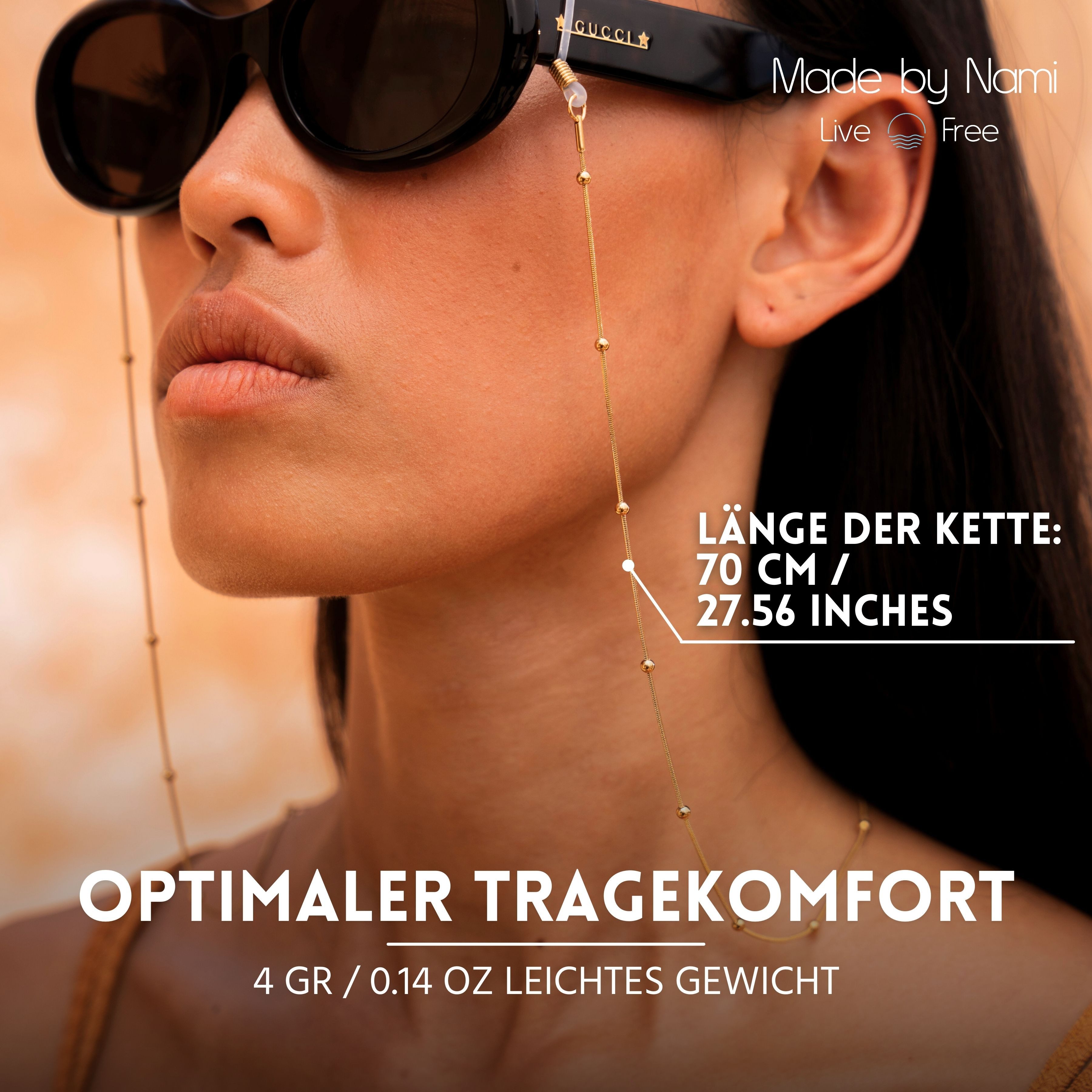 Made by Nami Brillenkette Gold Brillenband Damen 70 cm aus chirurgischem Edelstahl, Hypoallergen Wasserfest Boho Schmuck Sommer Accessoires