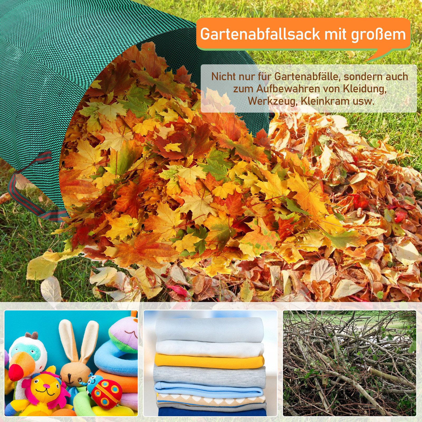 Clanmacy Gartensack Gartensäcke 3 Griffe Polypropylen XXL Laubsack 272L Grün mit Griffen, (2-tlg)