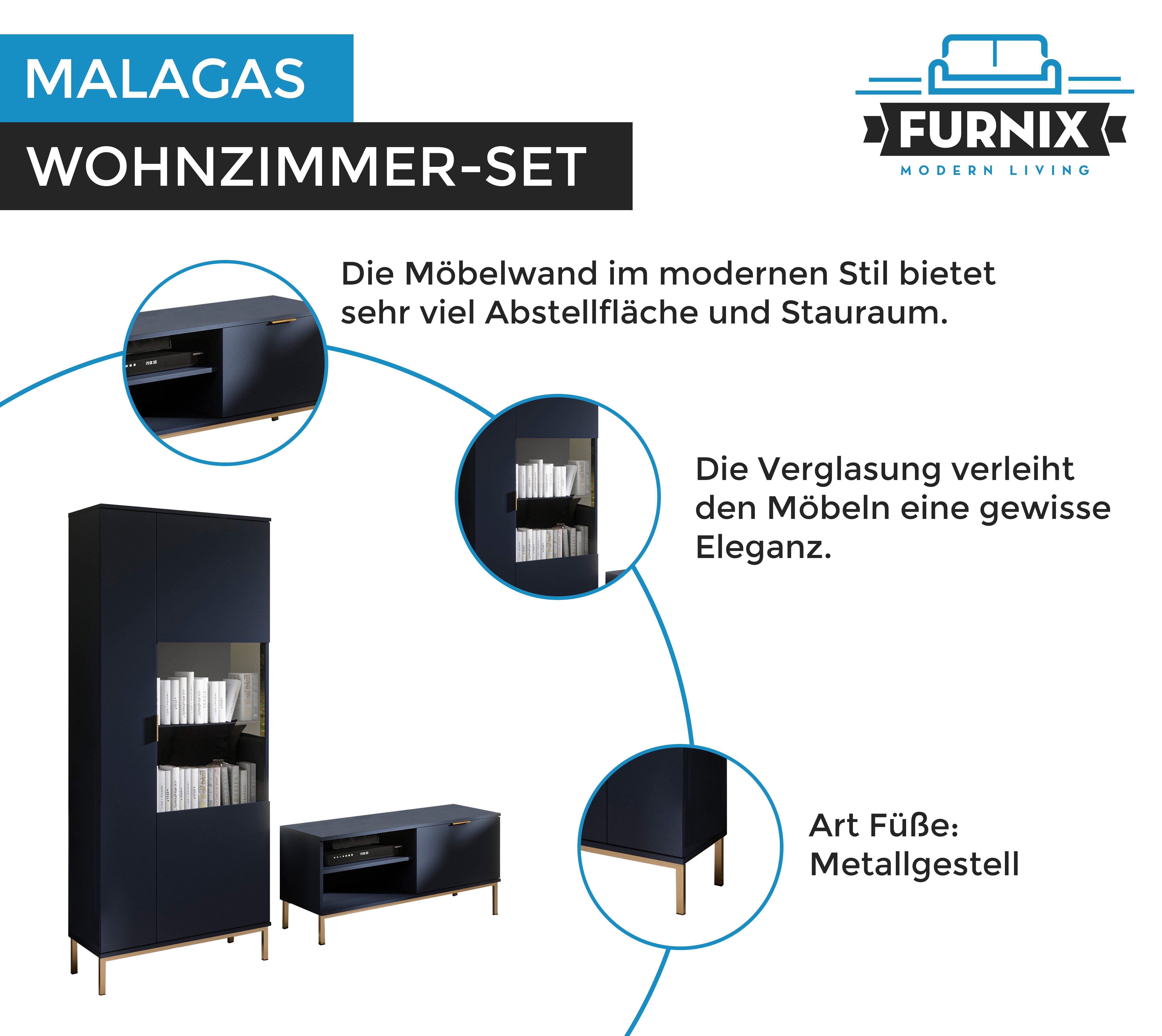 T41 x B290 Wohnzimmer-Set (Spar-Set, Marineblau Teile: 2-St), x MALAGAS B170x bzw. 4-teilig, Goldgestell, Teile: cm H190 /4 T41 2 II x H190 mit cm Furnix TV-Wand 2 Wohnwand