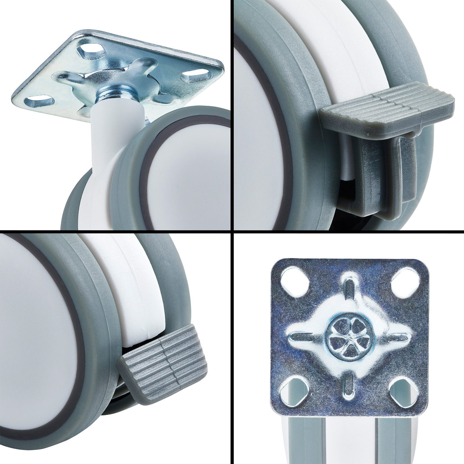 SO-TECH® Möbelrolle Hamm Ø 63 mm, Höhe 74,5 mm, Anschraubplatte 47 x 47 mm, belastbar bis 35 kg je Rolle, mit Bremse, weiß/grau, 1 x
