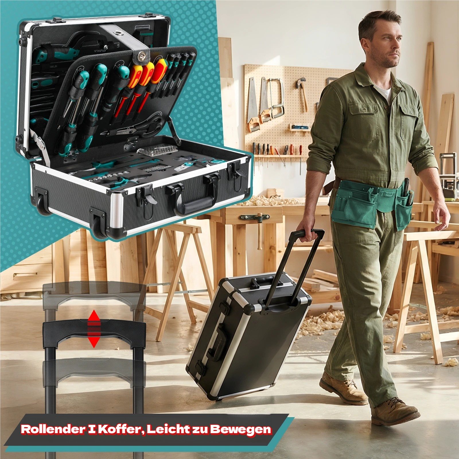 TLGREEN Werkzeugtrolley 128-tlg Werkzeugkoffer,Trolley-Funktion Werkzeugkasten, für DIYer Handwerks-Meister Haushalt Werkstatt – Bild 2 von 5