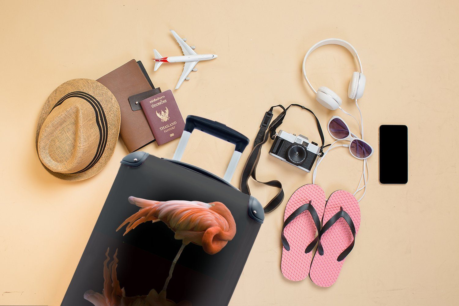 MuchoWow Handgepäckkoffer Reflexion schwarzem Rollen, mit Trolley, Flamingos Handgepäck auf rollen, Reisekoffer Hintergrund., eines Reisetasche Ferien, für 4 rosa