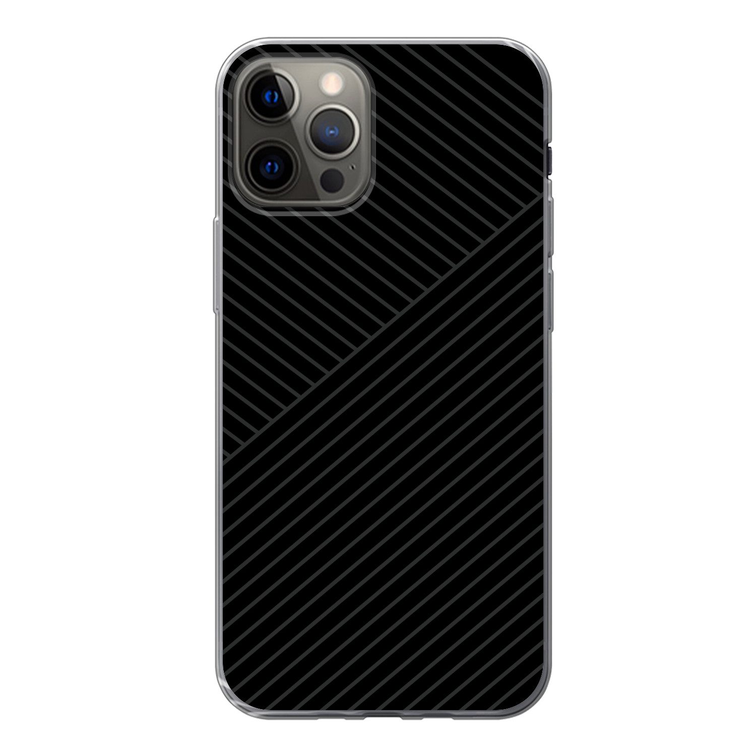 MuchoWow Handyhülle für Apple iPhone 12 Pro Linien - Abstrakt - Schwarz - Grau - Minimalis, Smartphone-Bumper, Print, Handy Schutzhülle Dünn