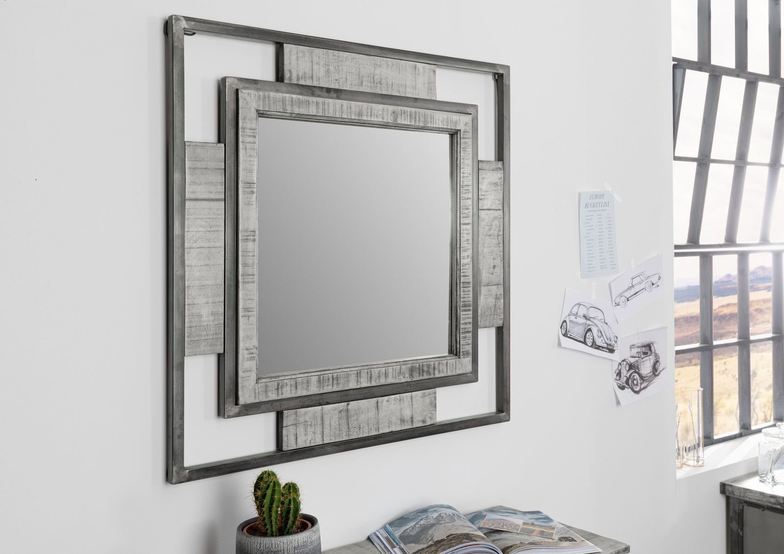 Spiegel im Loft montiert) Spiegel Stil, Mango lackiert grau Massivmoebel24 92x4x92 (Schicker HEAVY INDUSTRY