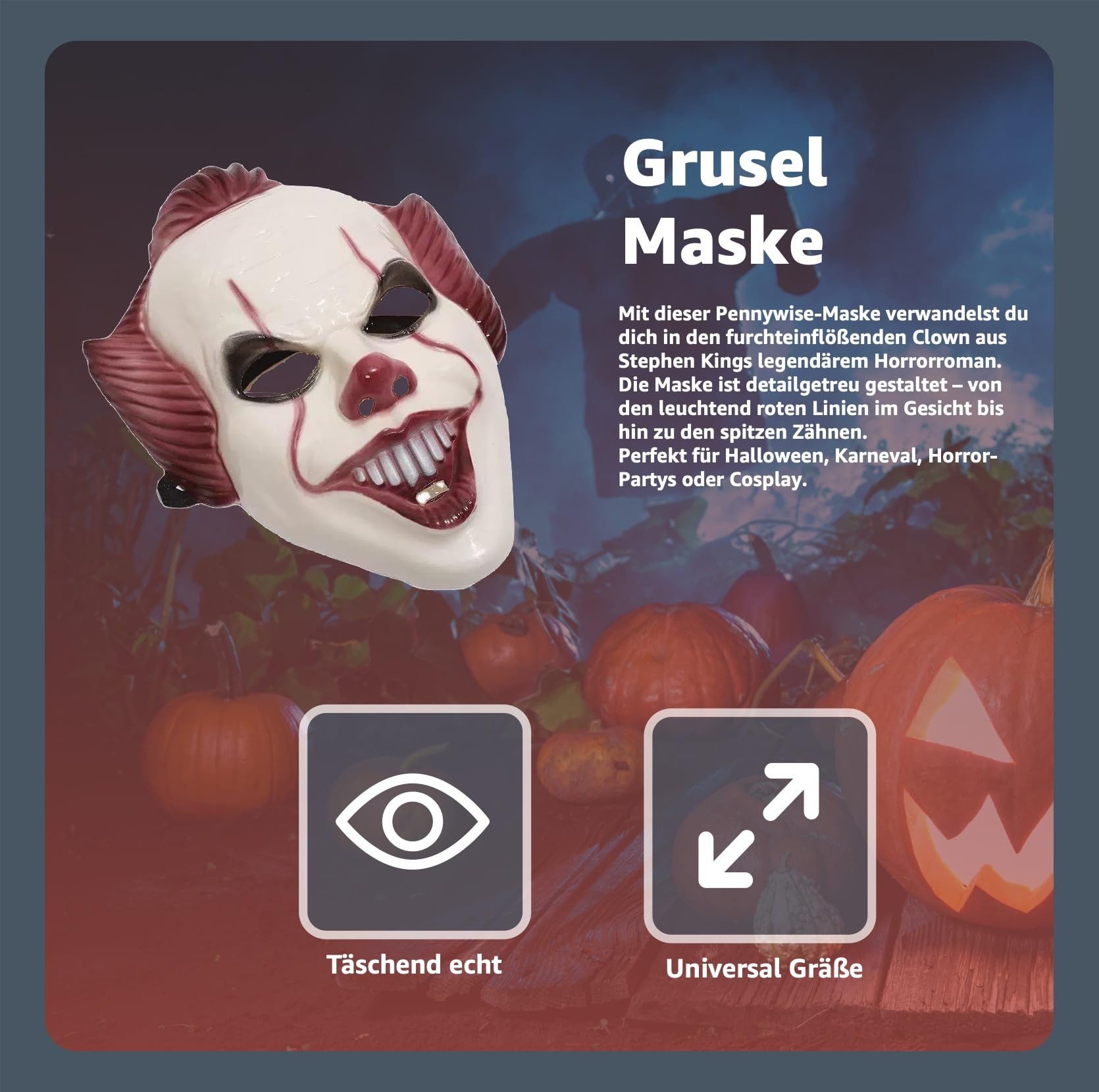 TK Gruppe Verkleidungsmaske Pennywise Horror Clown Maske – ES Kostüm Zubehör für Damen, Herren, (Packung, 1-tlg)