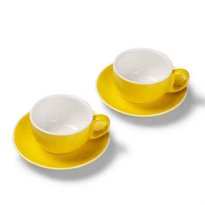 Terra Home Tasse 2er Milchkaffeetassen-Set, Gelb glossy 350 ml mit Untertasse, Porzellan, spülmaschinenfest,extra dickwandig