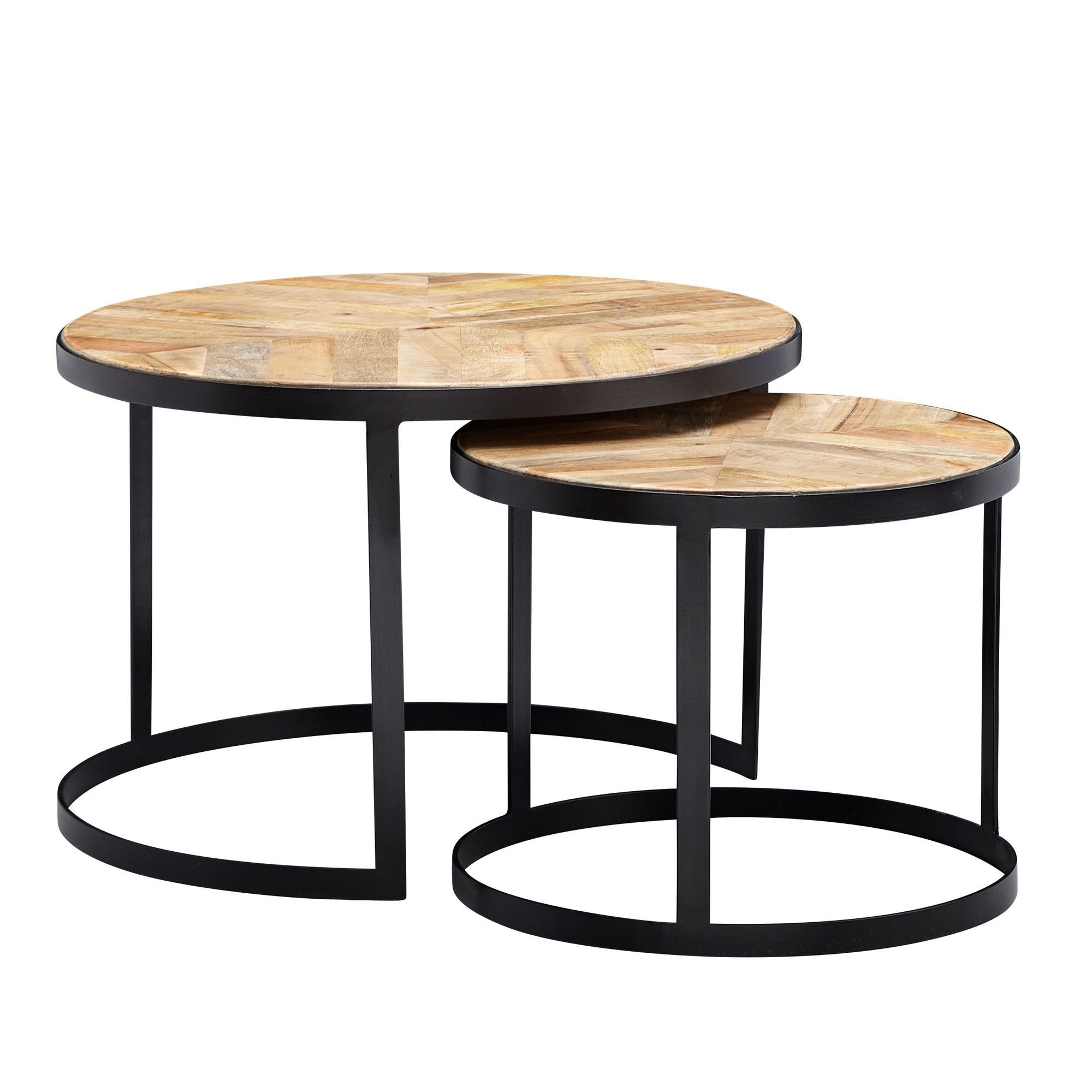 möbelando Couchtisch Couchtisch 2er Set 2er Tischset / Schwarz, Holz Metall Wohnzimmertisch Rund, Industrial Wohnzimmert, Set Satztisch Beistelltisch Couchtisch Metall Metallbeine mit Massivholz Massivholz / 2-teilig