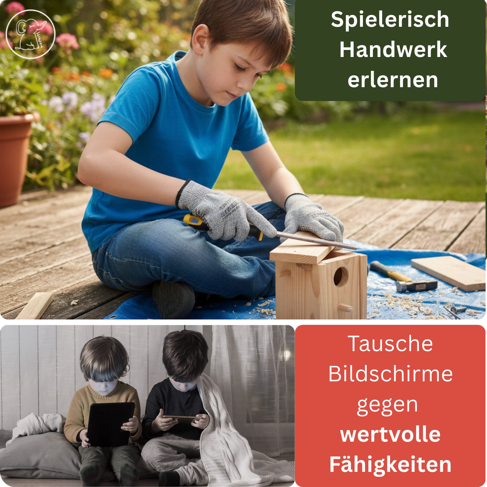 Eli Raspel 3 Holzfeilen Set für Kinder inkl Schutzhandschuhe - Holzraspel, (Werkzeug für Holz - rund - halbrund - flach für Holzbearbeitung), Kinderwerkzeug - Geschenk für Junge - Mädchen