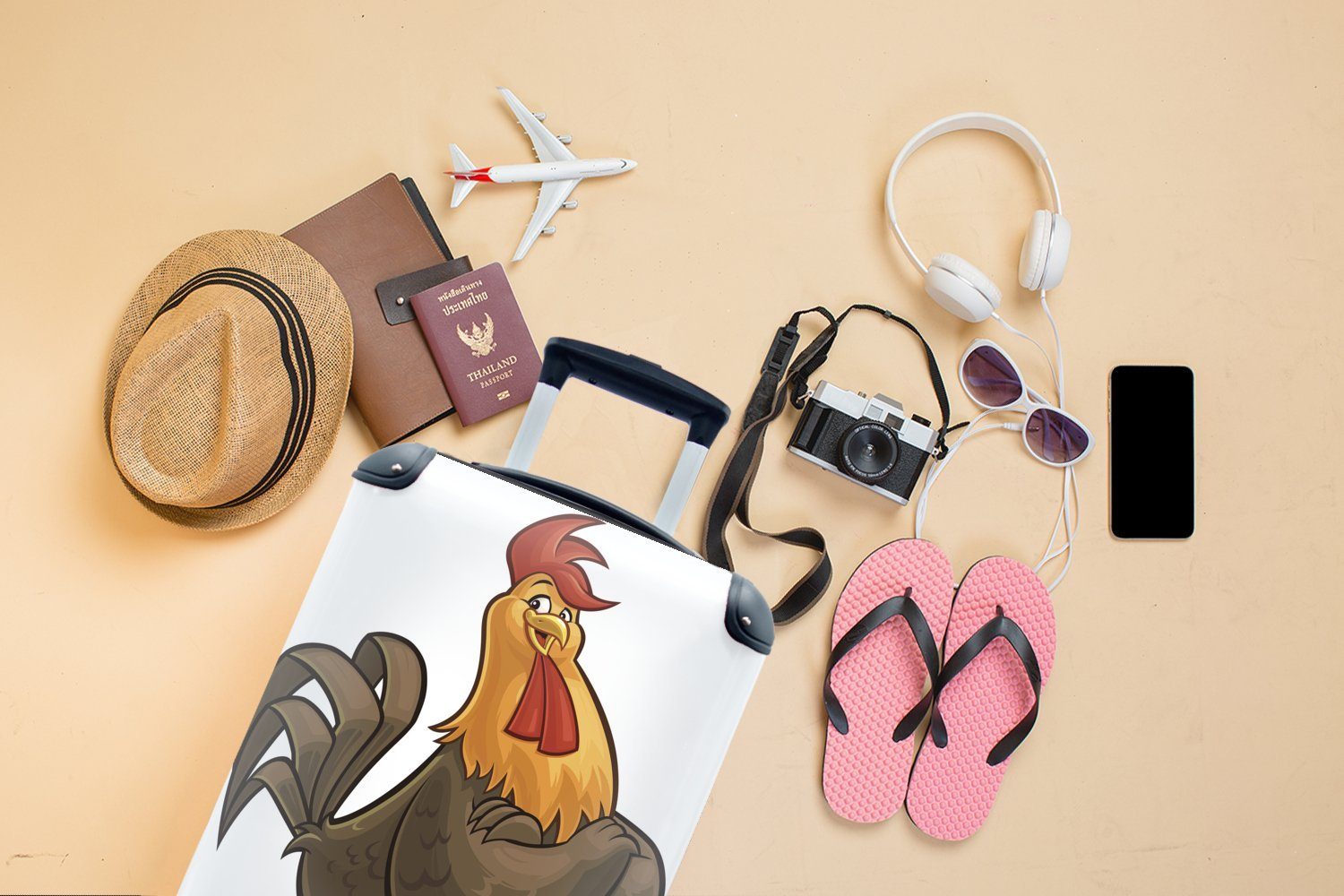 Trolley, Cartoon Handgepäck Illustration Rollen, Reisetasche Reisekoffer Handgepäckkoffer mit Ferien, 4 eines MuchoWow Hahns, rollen, für