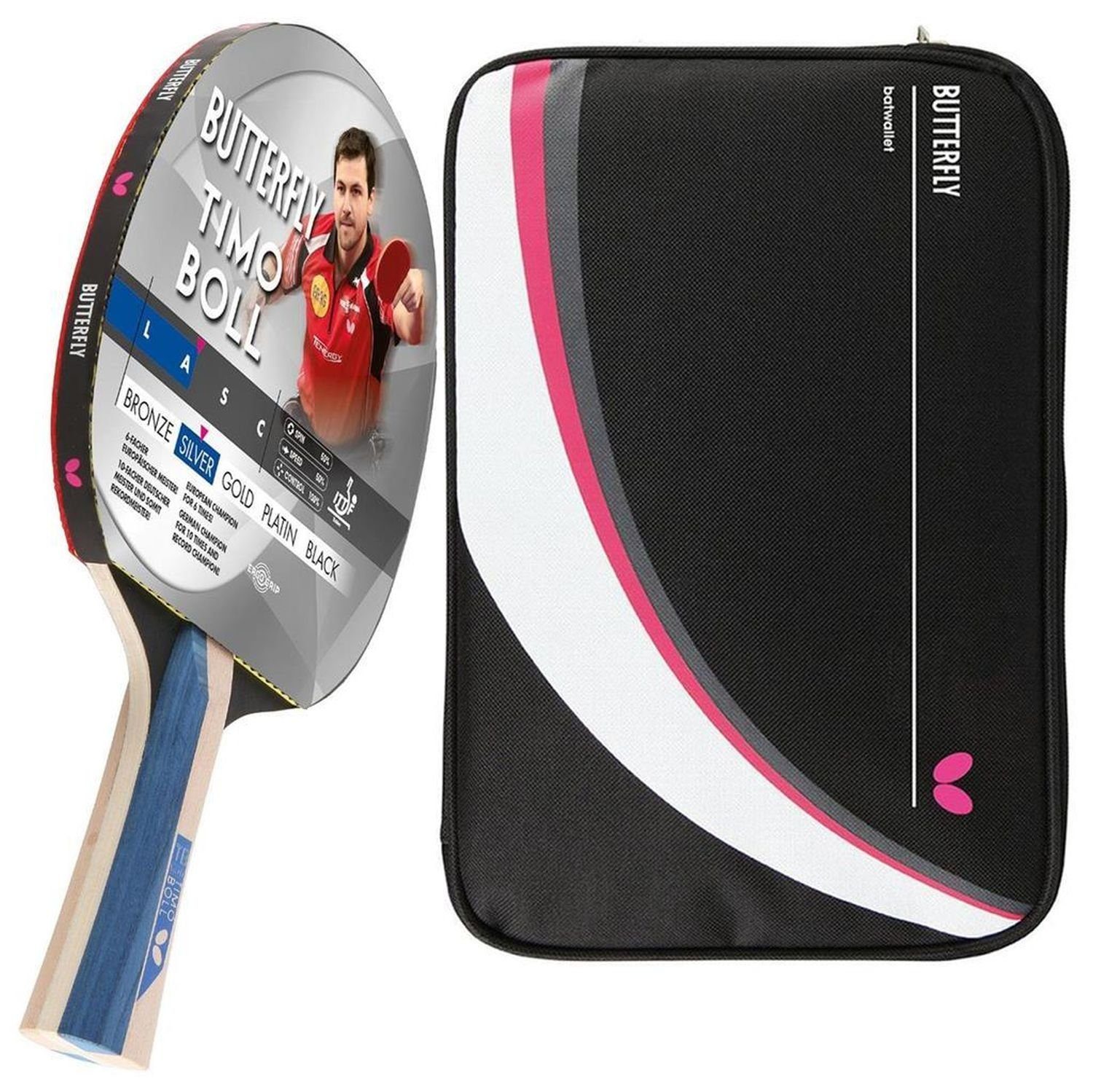 Butterfly Tischtennisschläger 1x Timo Boll Silber 85016 + Drive Case 2, Tischtennis Schläger Set Tischtennisset Table Tennis Bat Racket