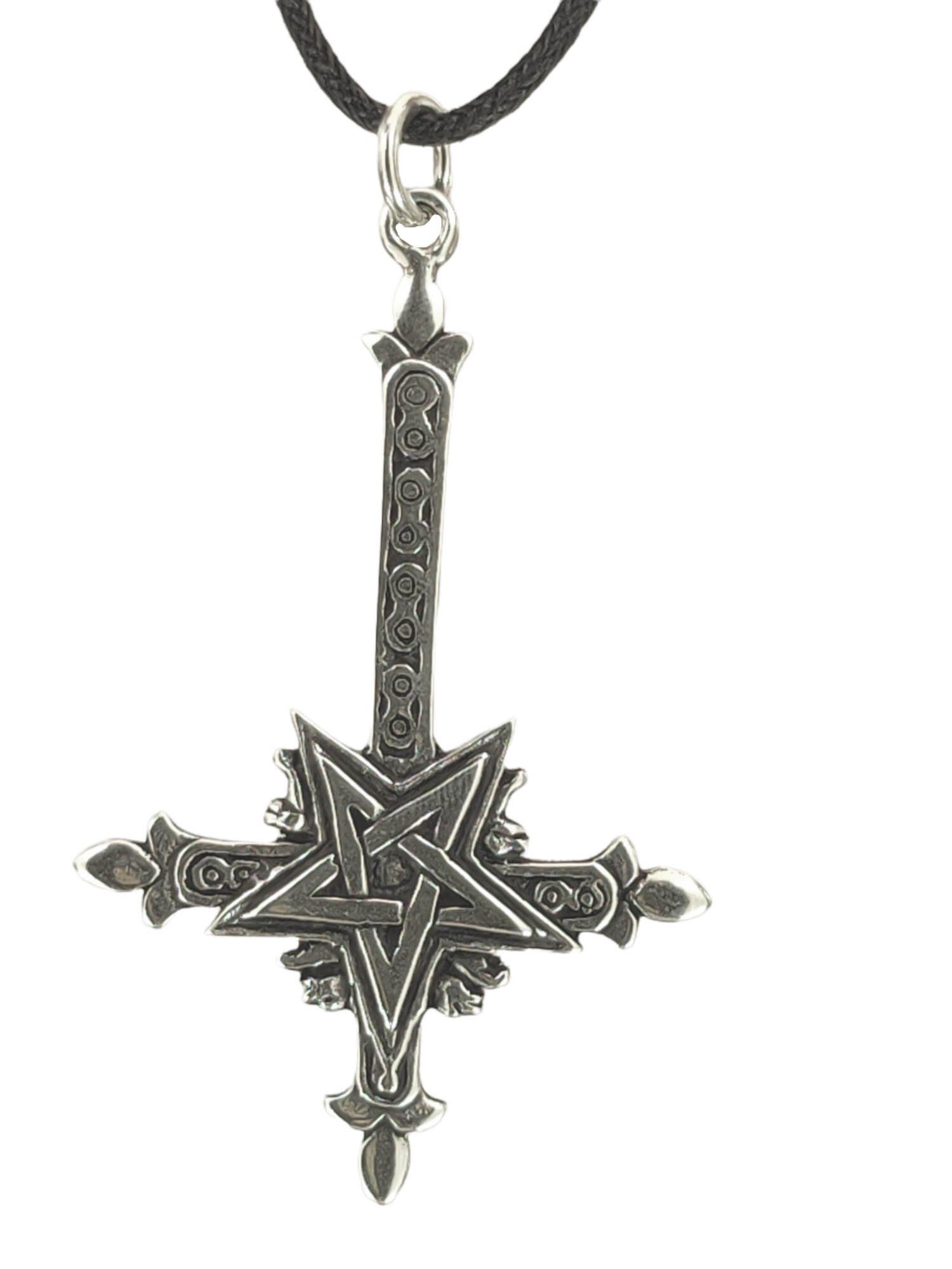 Kiss of Leather Kettenanhänger Pentagramm umgedrehtes Kreuz Satan Magie, 925 Silber (Sterlingsilber)