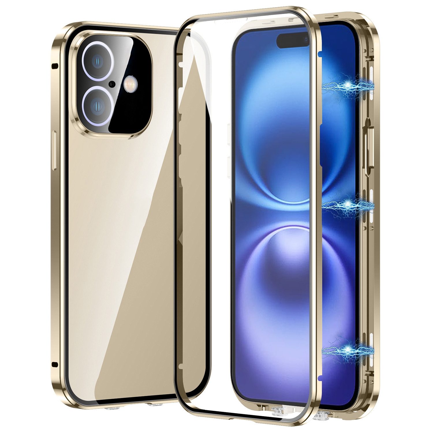 Wigento Handyhülle Für Apple iPhone 16 Beidseitiger 360 Magnet Glas Hülle Bumper Gold, Magnetische Metallrahmenhülle mit beidseitigem Hartglas