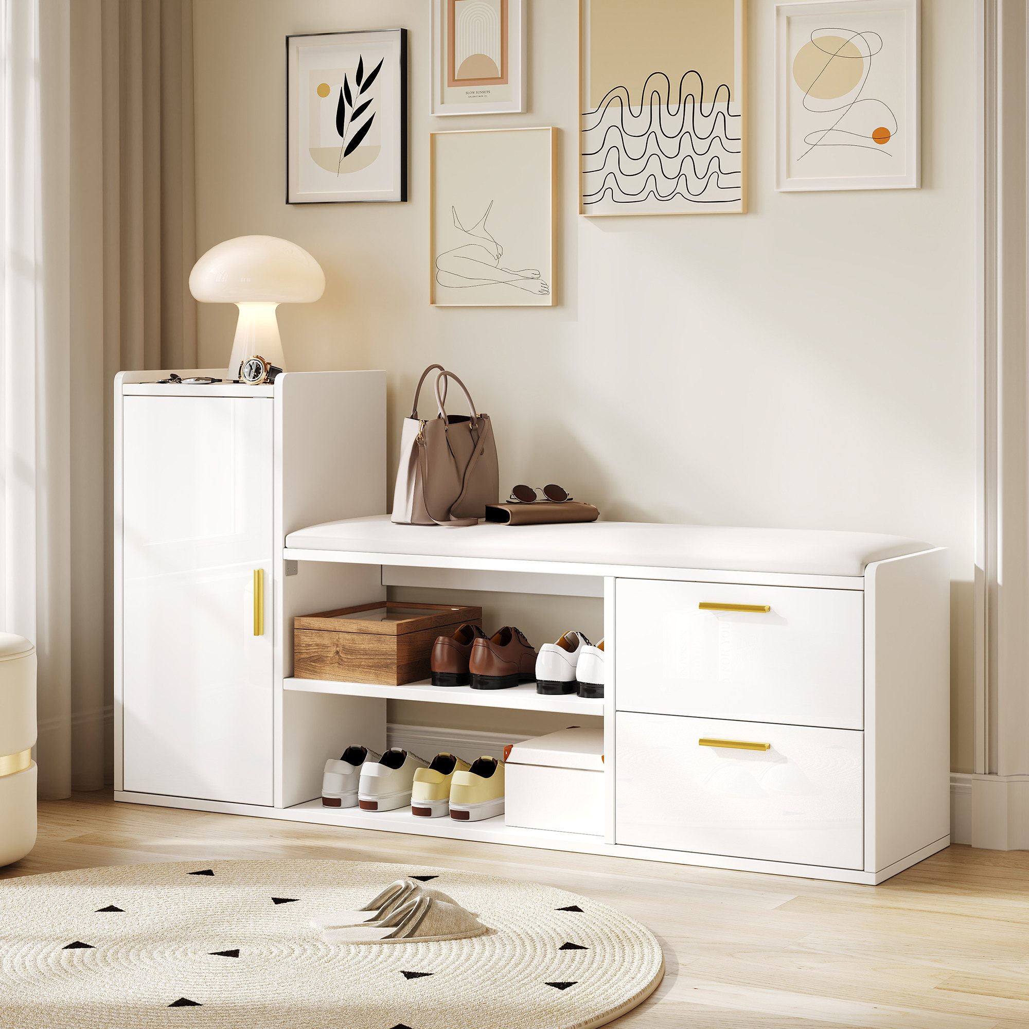Merax Schuhbank Hochglanz in Weiß, mit gepolsterter Sitzfläche & verstellbaren Böden (Schuhregal für Flur oder Wohnzimmer, 1-St., 128×30×68 cm), Schuhschrank mit 2 Schubladen, 1 Schrank & 2-stöckigem Schuhregal